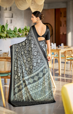 Vibrant Black Ajrakh Printed Soft Modal Silk Natural Print Saree P2