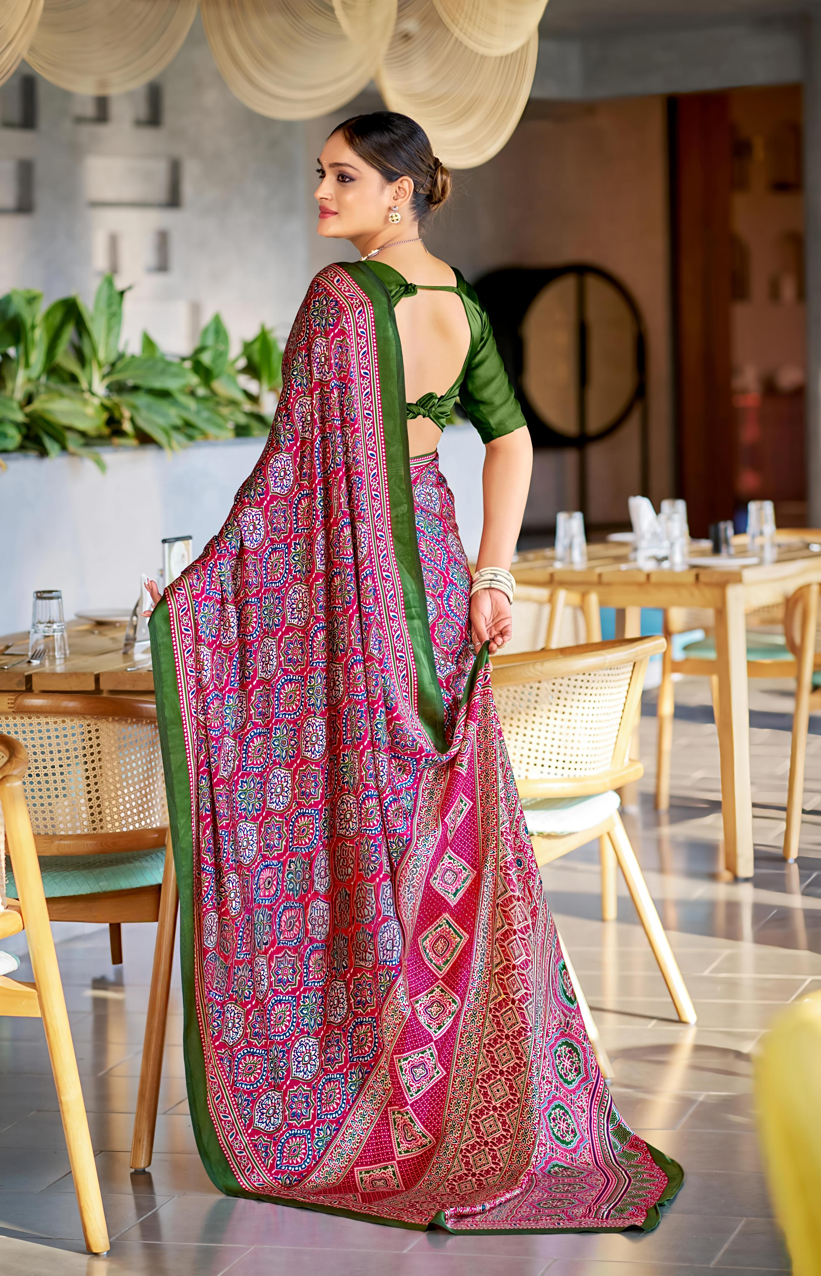 Colorful Rani Ajrakh Printed Soft Modal Silk Natural Print Saree P2