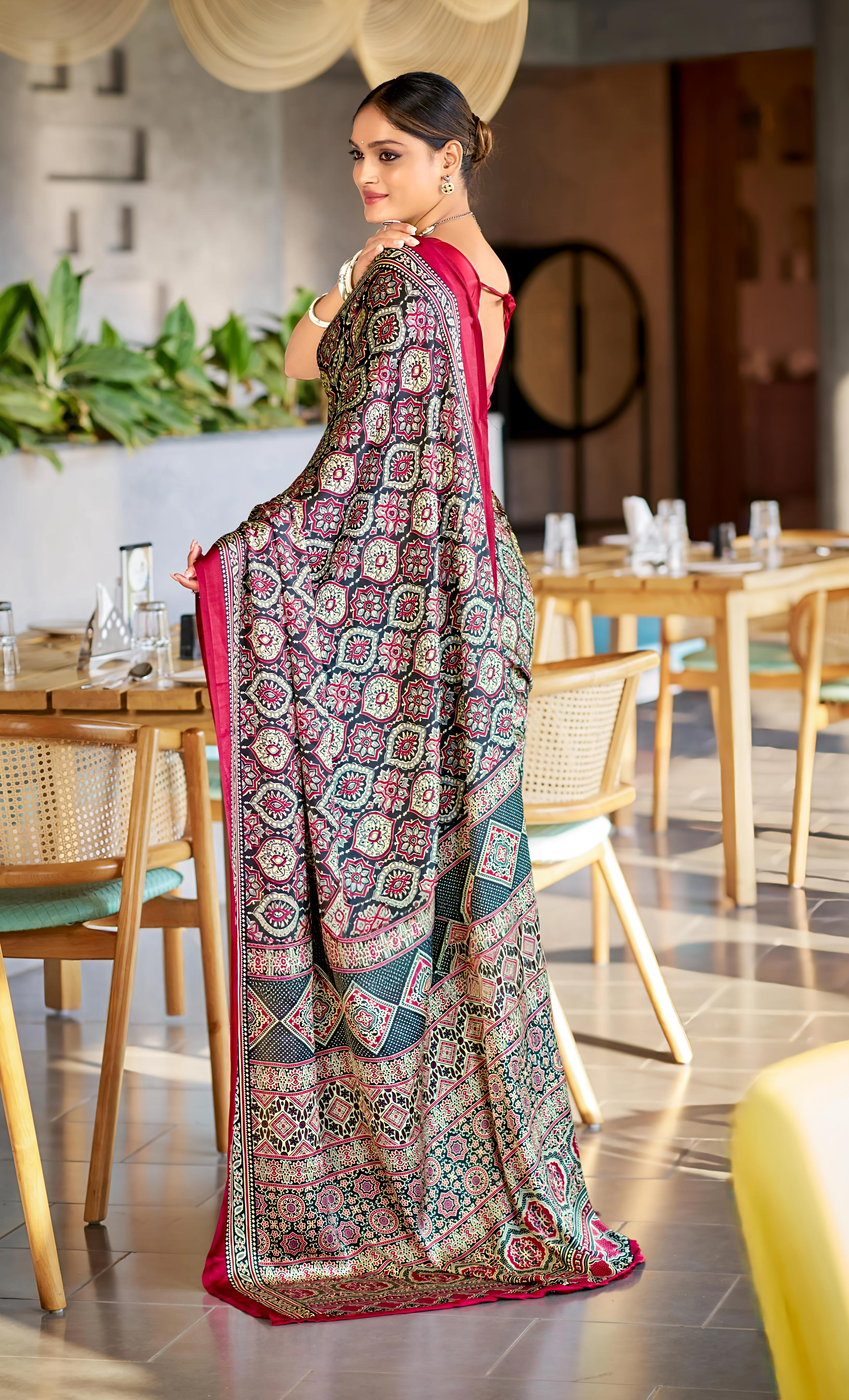 Majestic Black and Maroon Ajrakh Printed Soft Modal Silk Natural Print Saree P2