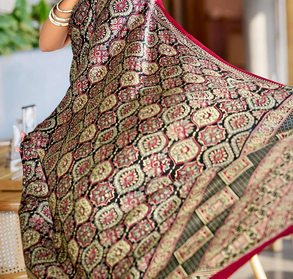 Majestic Black and Maroon Ajrakh Printed Soft Modal Silk Natural Print Saree P2