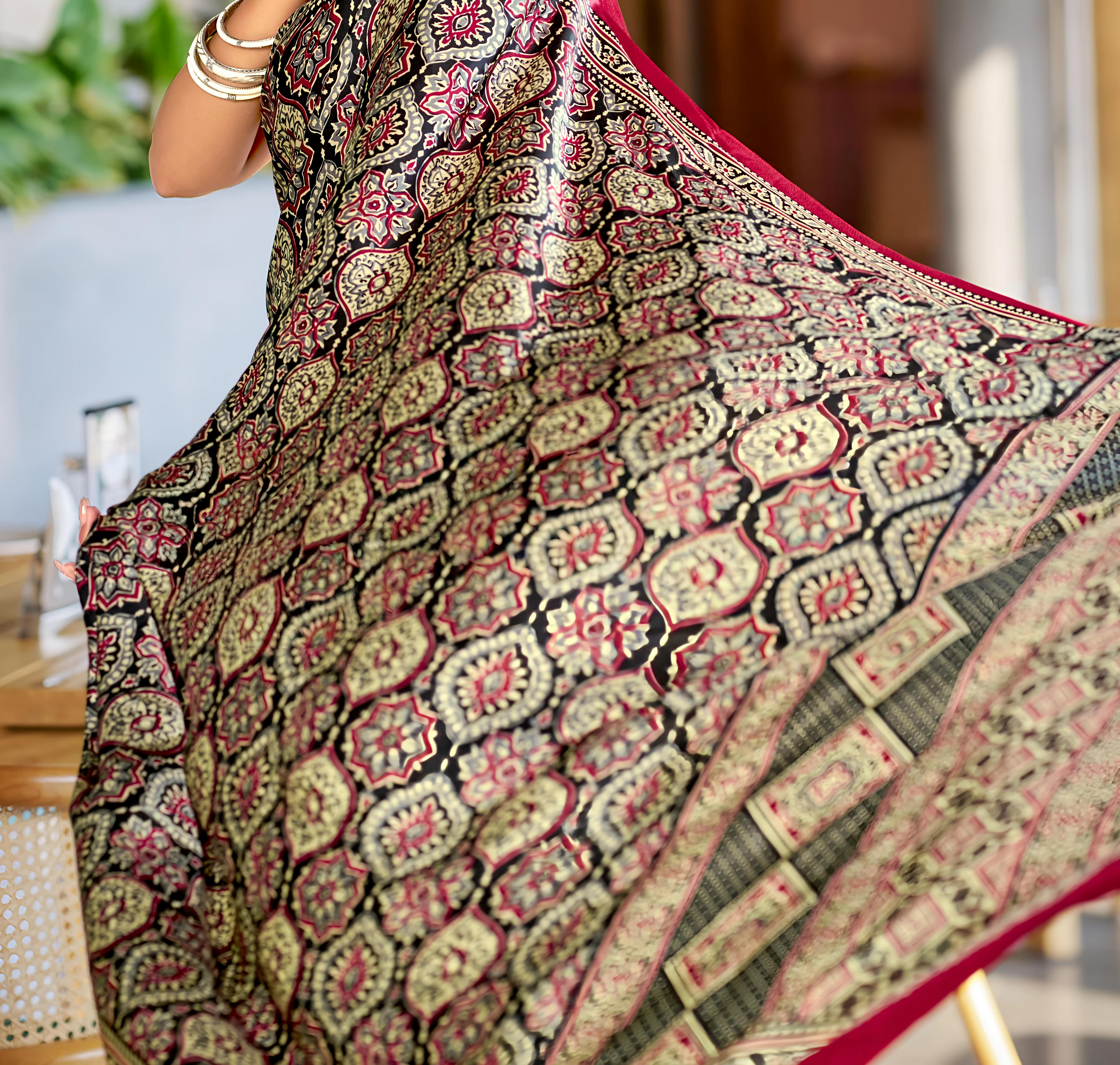 Majestic Black and Maroon Ajrakh Printed Soft Modal Silk Natural Print Saree P2