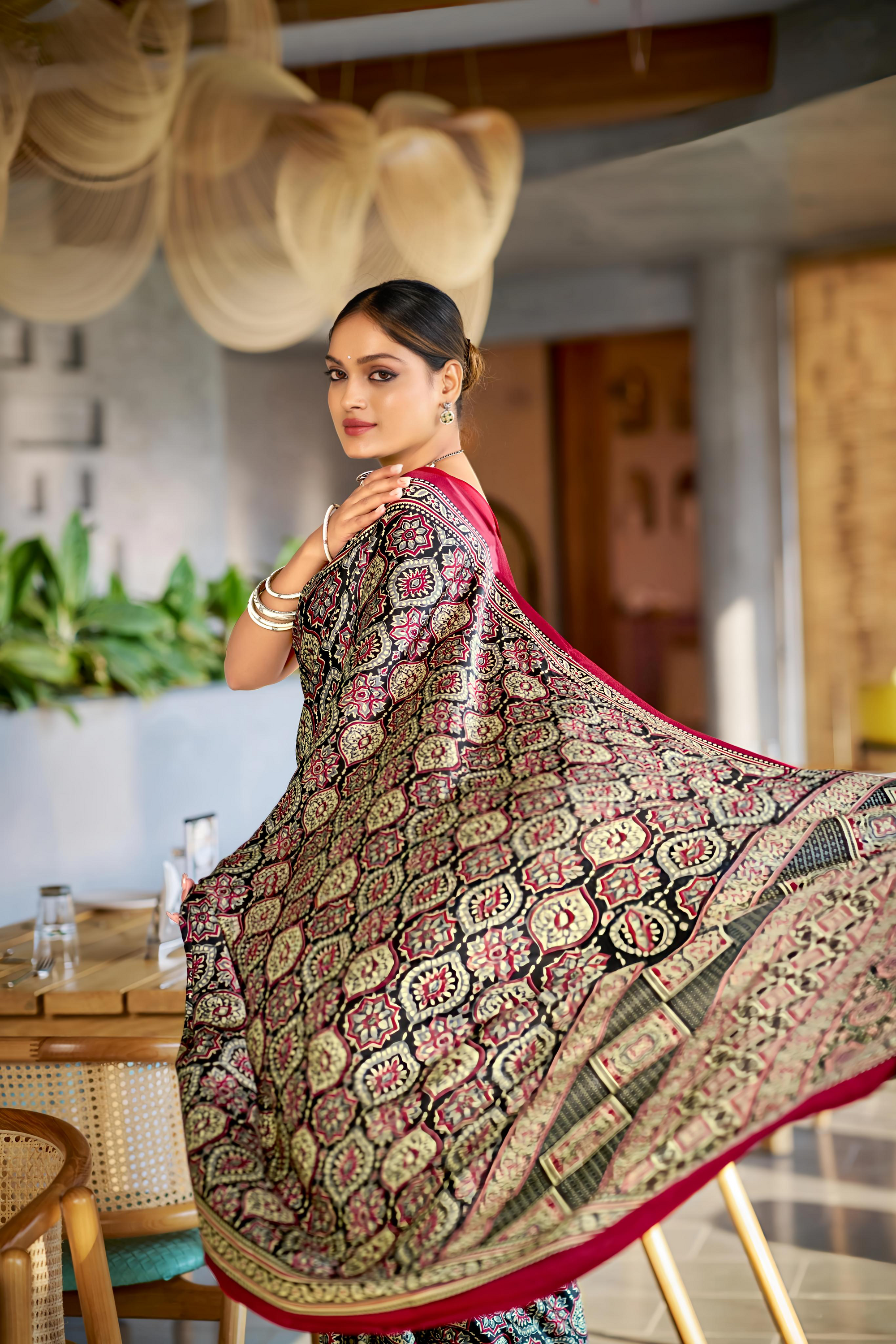 Majestic Black and Maroon Ajrakh Printed Soft Modal Silk Natural Print Saree P2