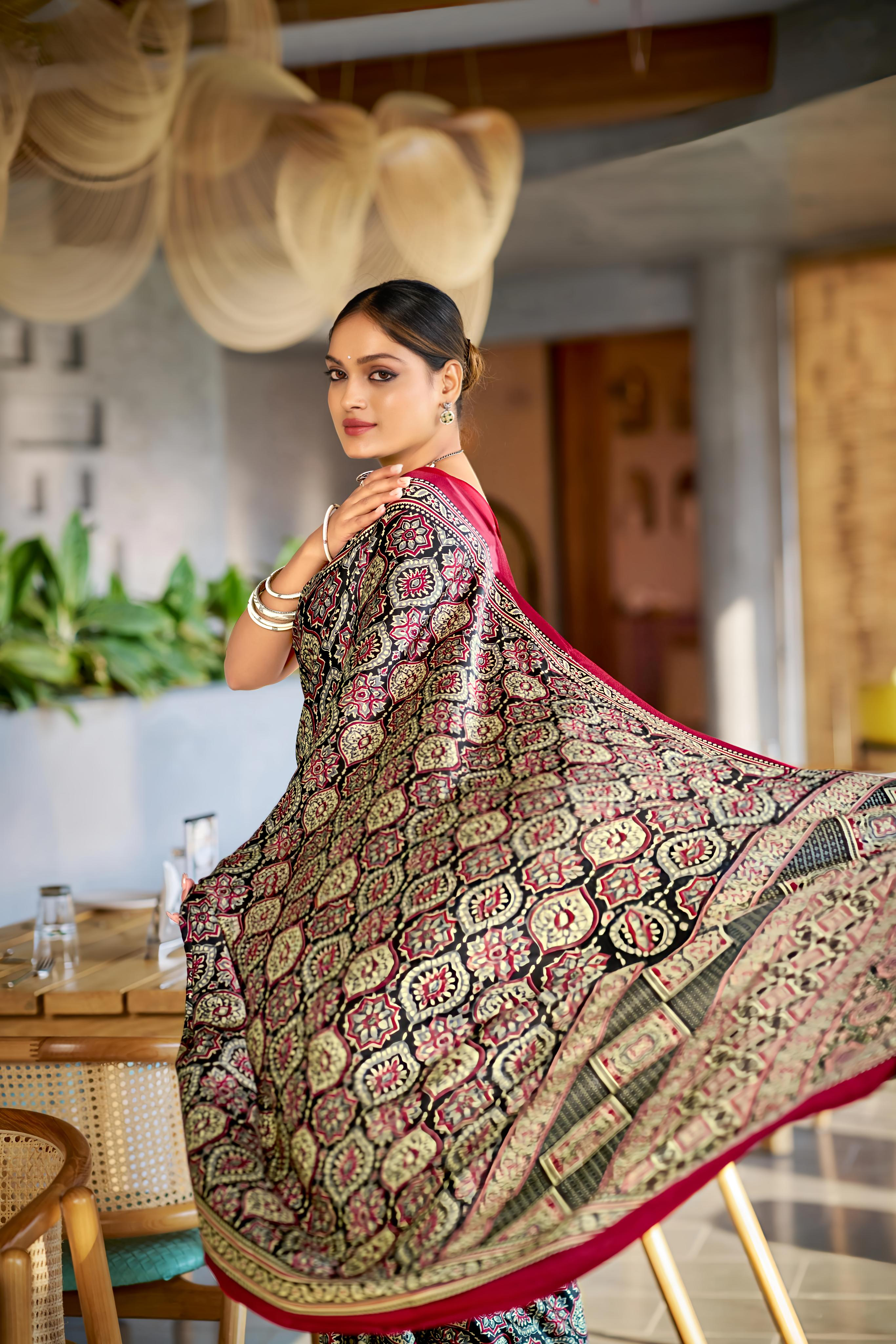 Majestic Black and Maroon Ajrakh Printed Soft Modal Silk Natural Print Saree P2