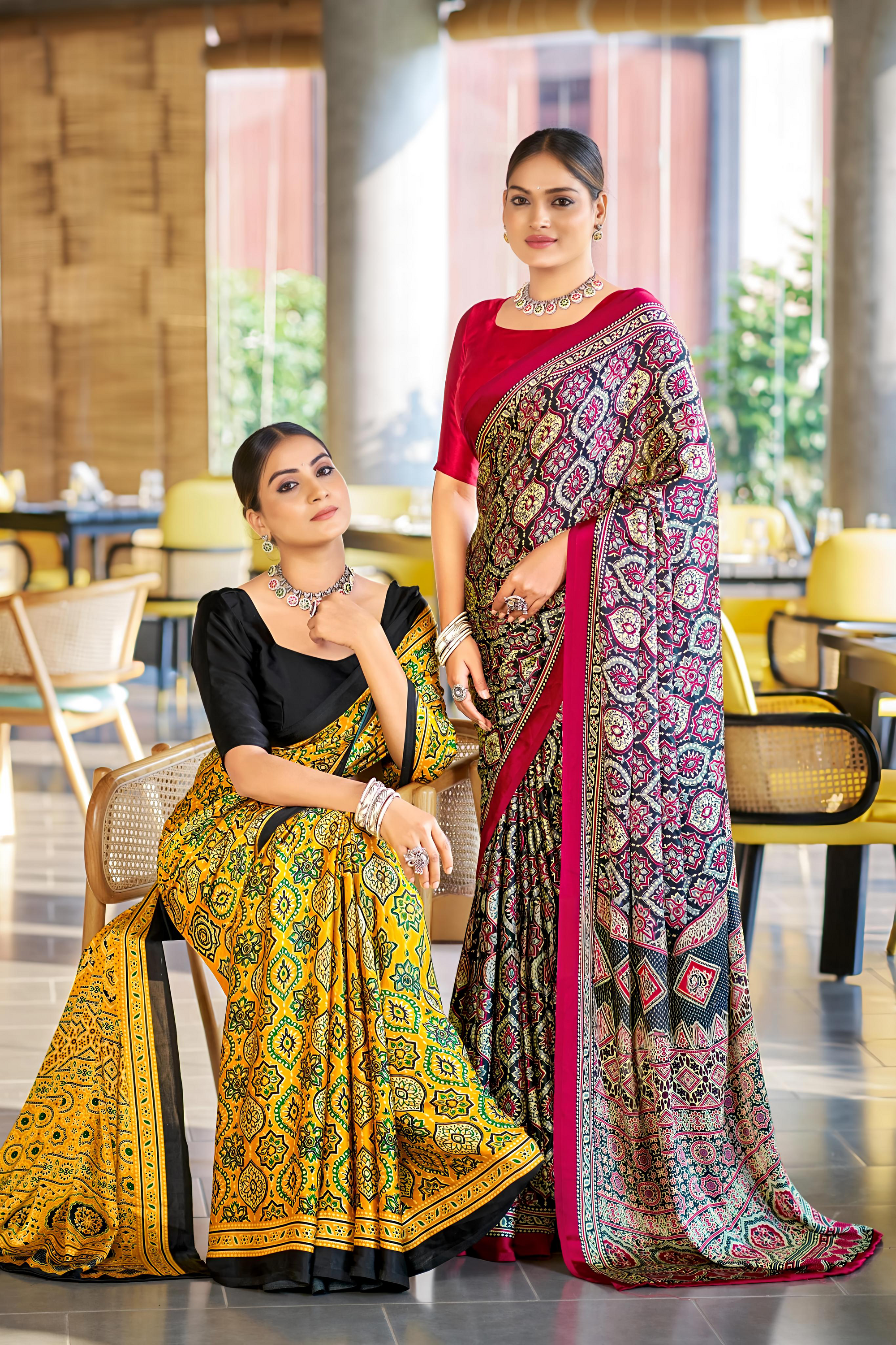 Majestic Black and Maroon Ajrakh Printed Soft Modal Silk Natural Print Saree P2