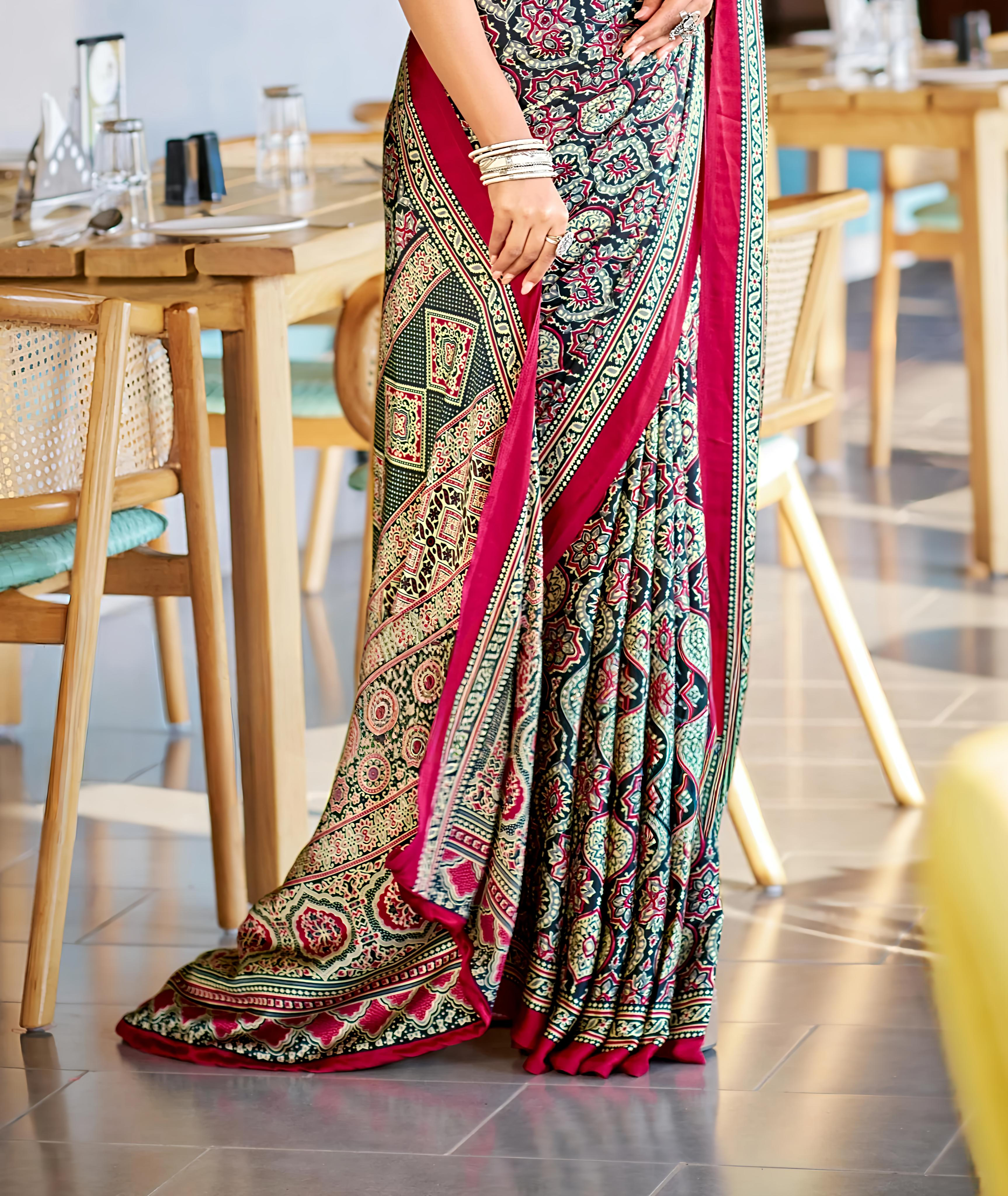 Majestic Black and Maroon Ajrakh Printed Soft Modal Silk Natural Print Saree P2