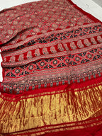 Red Ajrakh Hand Block Modal Silk Saree With Zari Pallu A2
