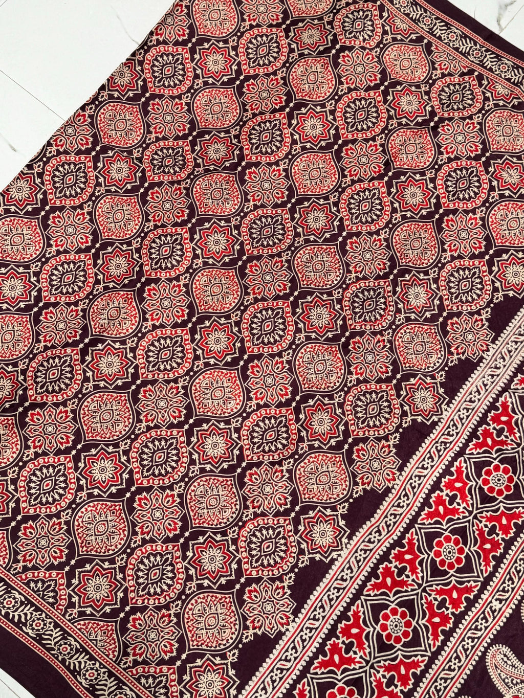 New Wine Ajrakh Hand Block Modal Silk Saree With Zari Pallu A2