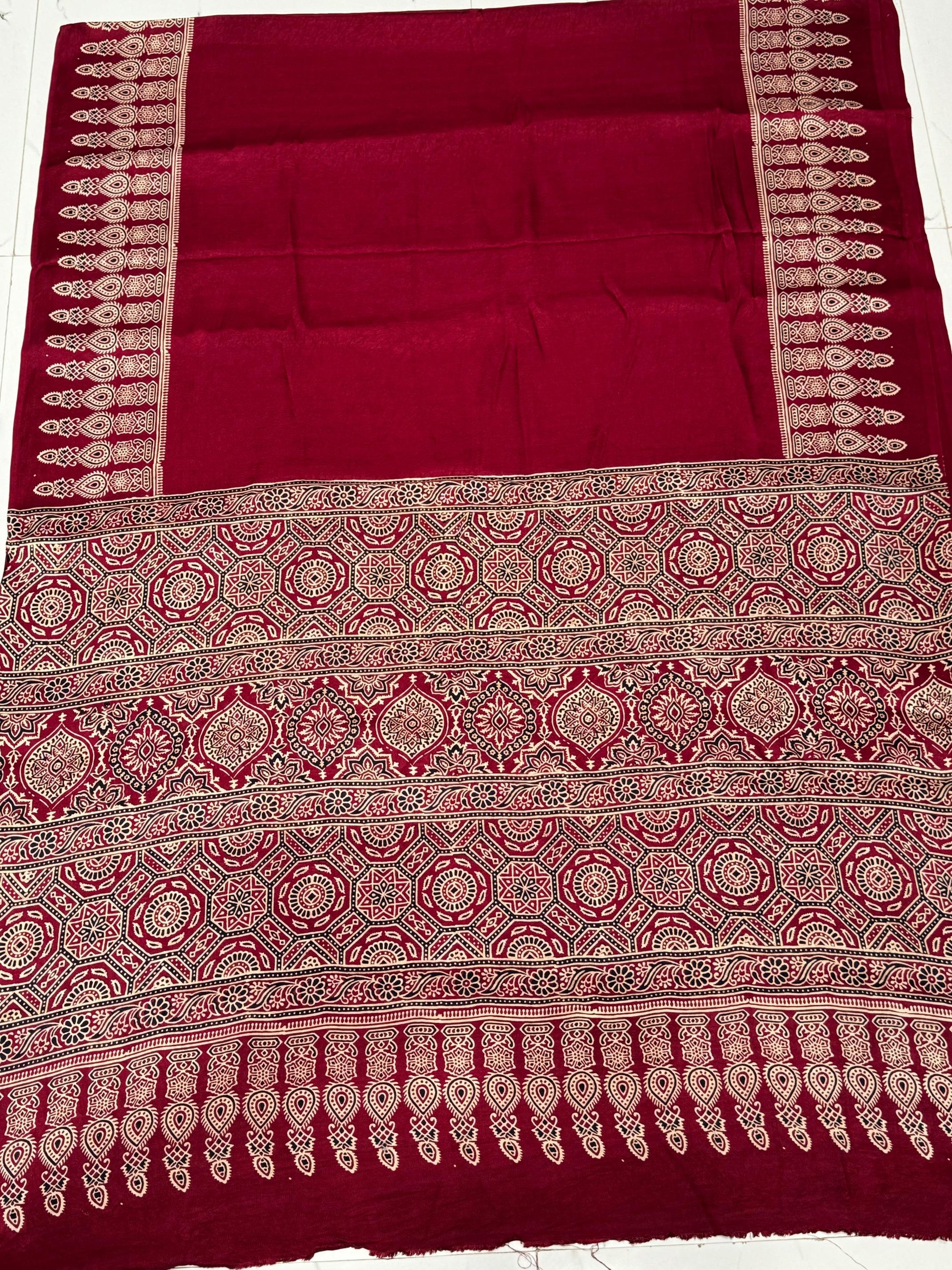 Maroon Ajrakh Hand Block Modal Silk Saree With Fancy Ajrakh Pallu and Border