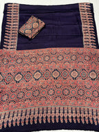 Blue Ajrakh Hand Block Modal Silk Saree With Fancy Ajrakh Pallu and Border