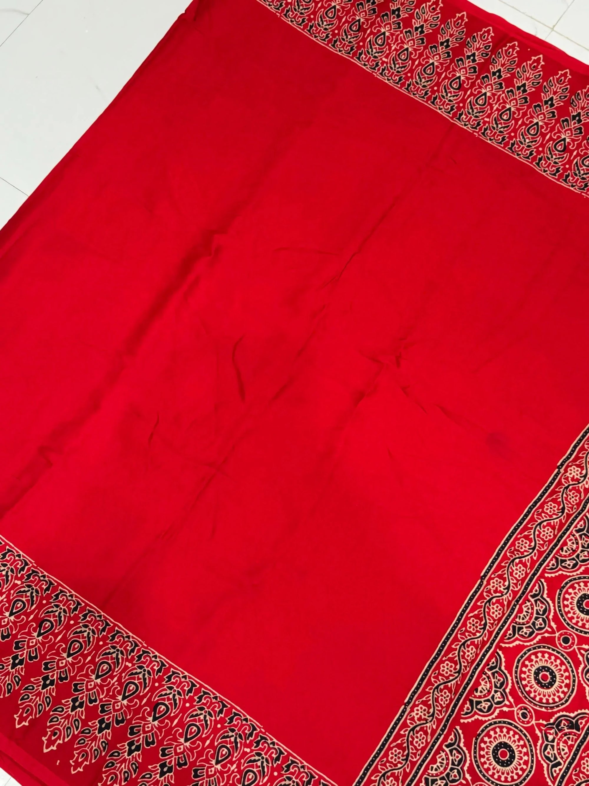 Red Ajrakh Hand Block Modal Silk Saree With Fancy Ajrakh Pallu And Border