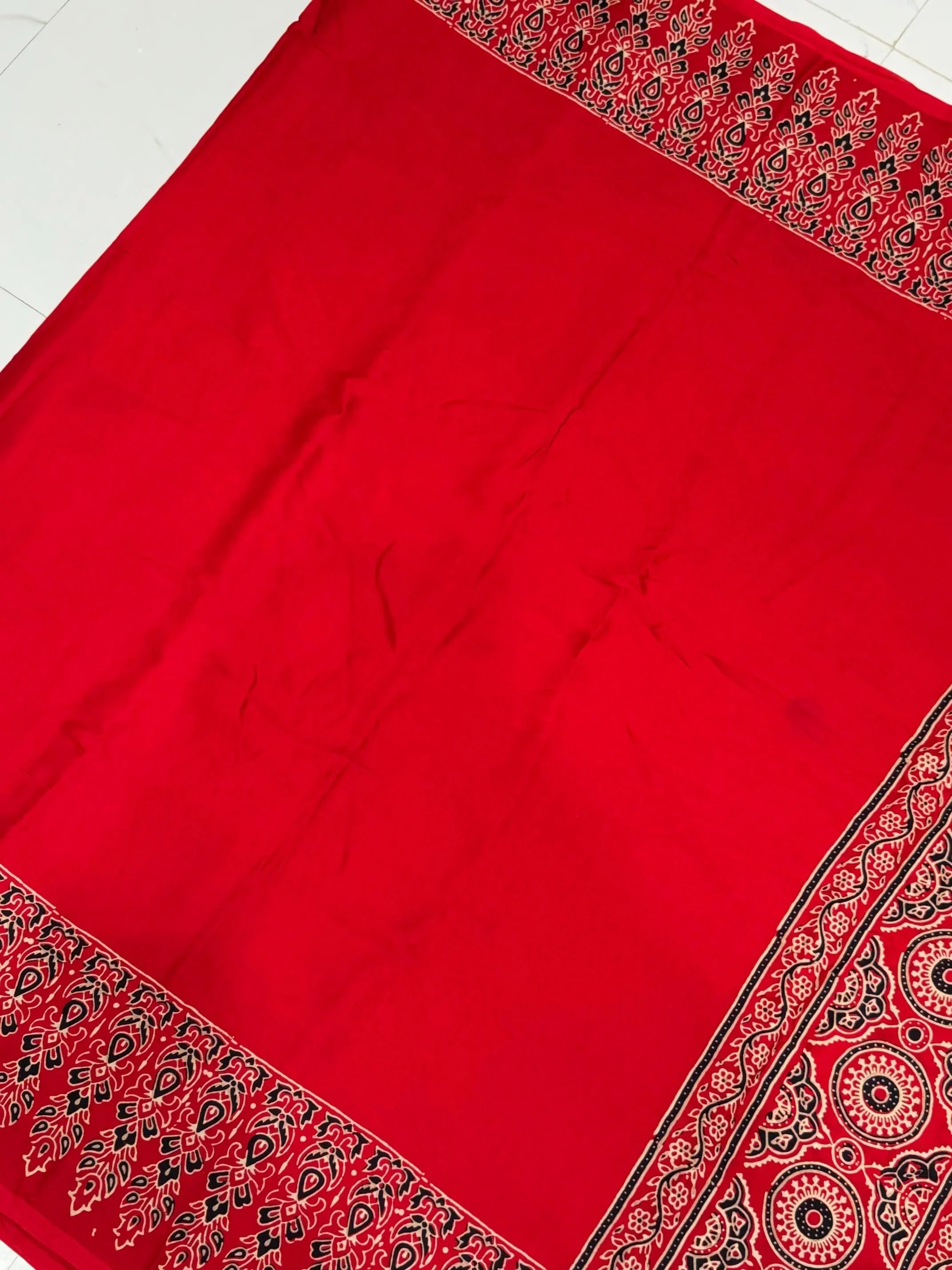Red Ajrakh Hand Block Modal Silk Saree With Fancy Ajrakh Pallu And Border