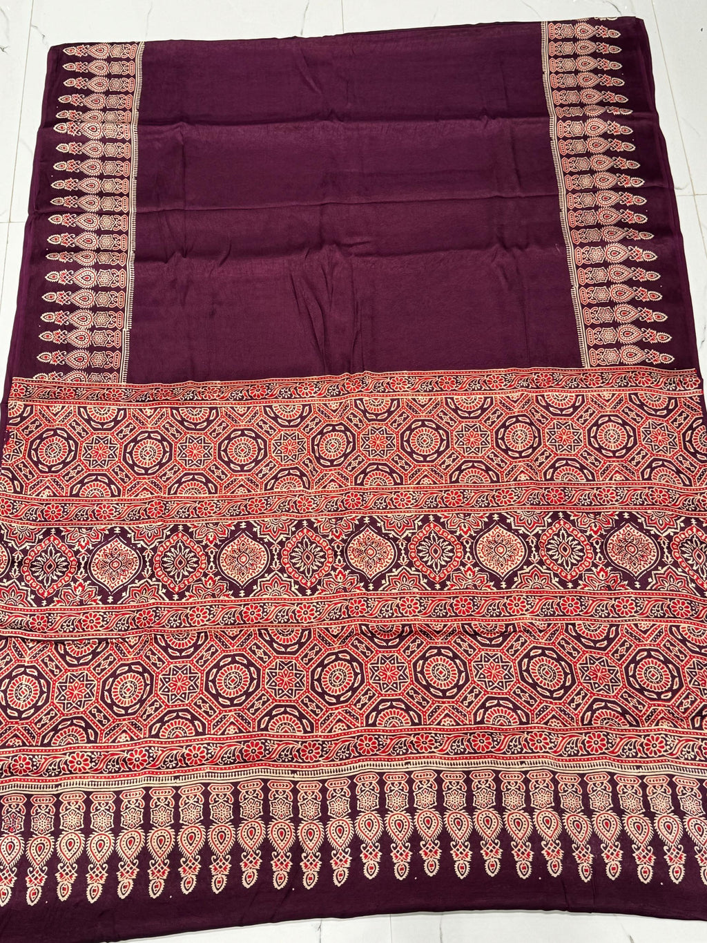 Wine Ajrakh Hand Block Modal Silk Saree With Fancy Ajrakh Pallu and Border