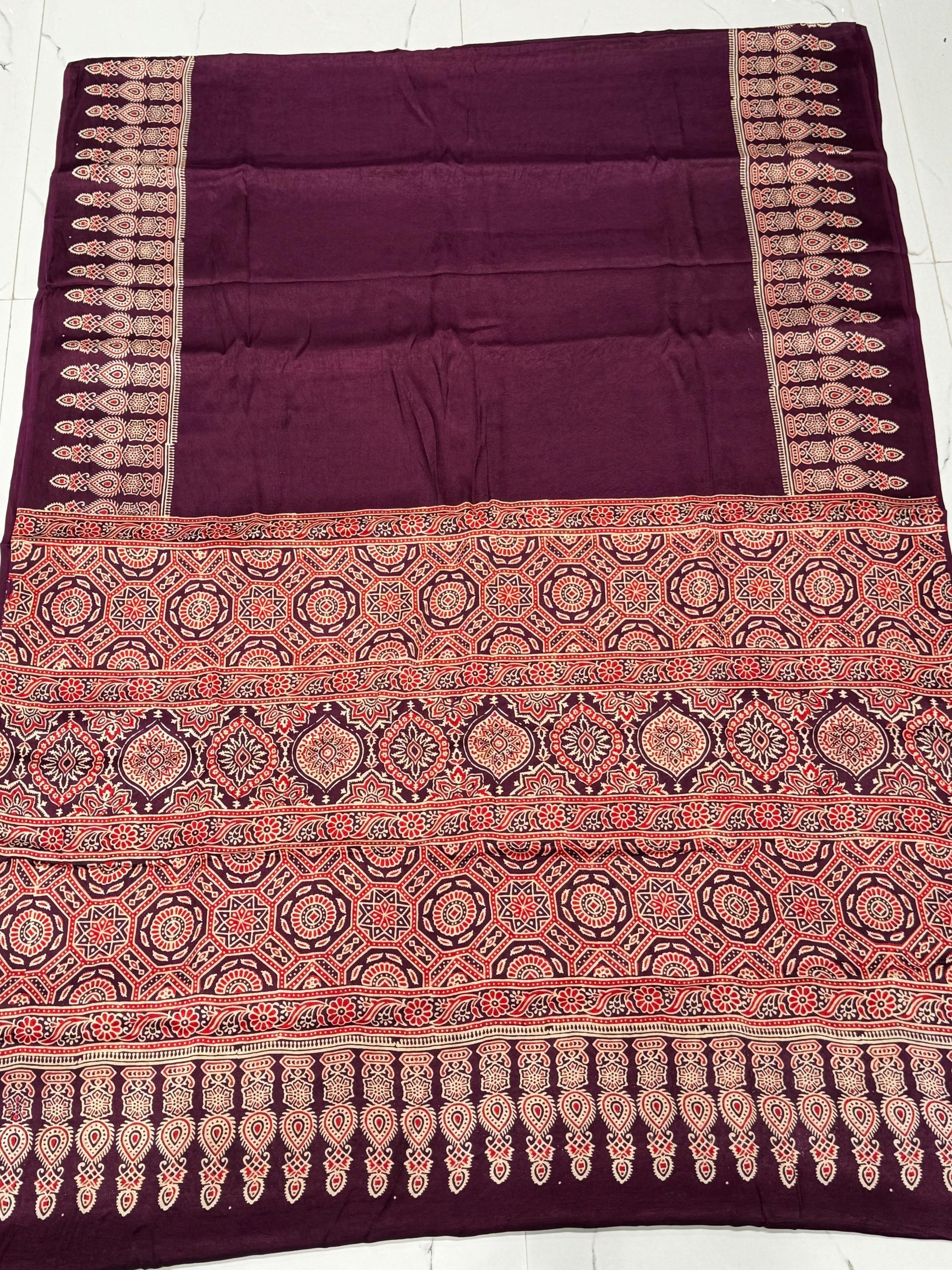 Wine Ajrakh Hand Block Modal Silk Saree With Fancy Ajrakh Pallu and Border