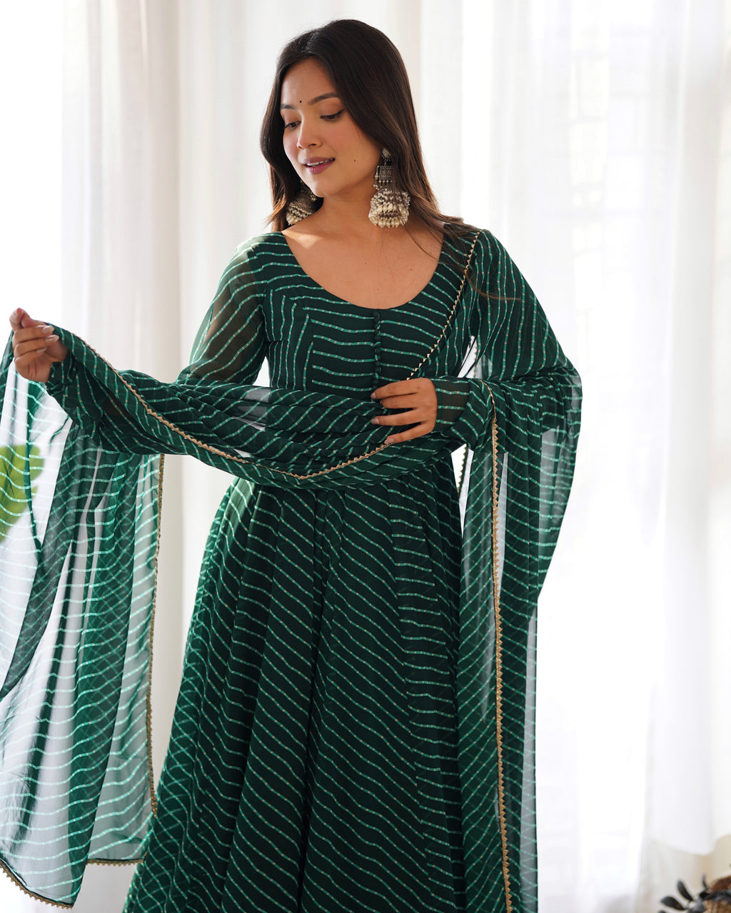 Bottle Green Pure Fox Georgette Laheriya Print Fabric Fully Flair Anarkali Duppta With Pent