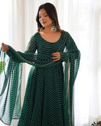 Bottle Green Pure Fox Georgette Laheriya Print Fabric Fully Flair Anarkali Duppta With Pent