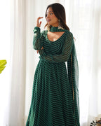 Bottle Green Pure Fox Georgette Laheriya Print Fabric Fully Flair Anarkali Duppta With Pent
