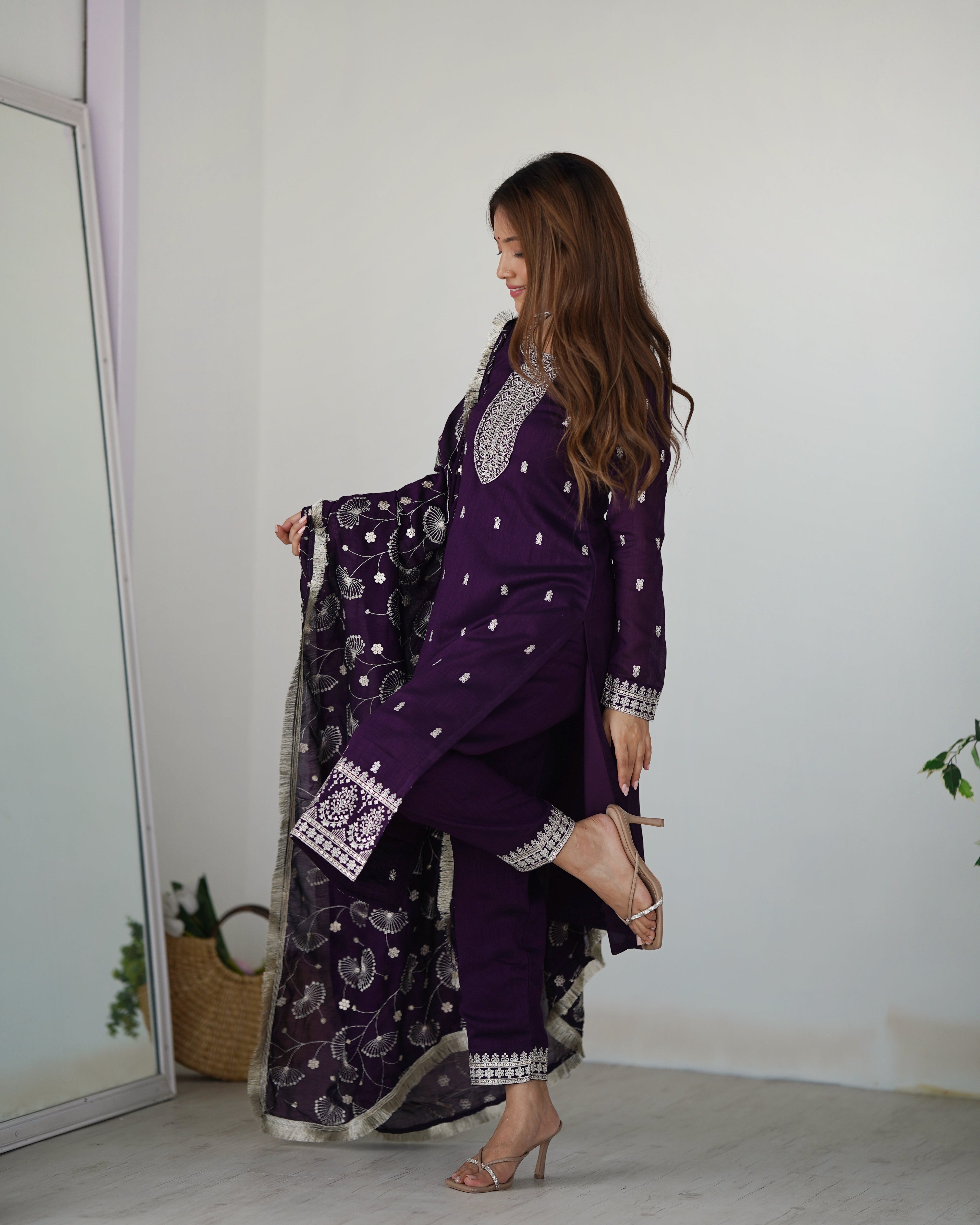 Purple New Beautiful Pure Bllooming Vichitra Silk Fabric Straight Fit Salwar Suiit