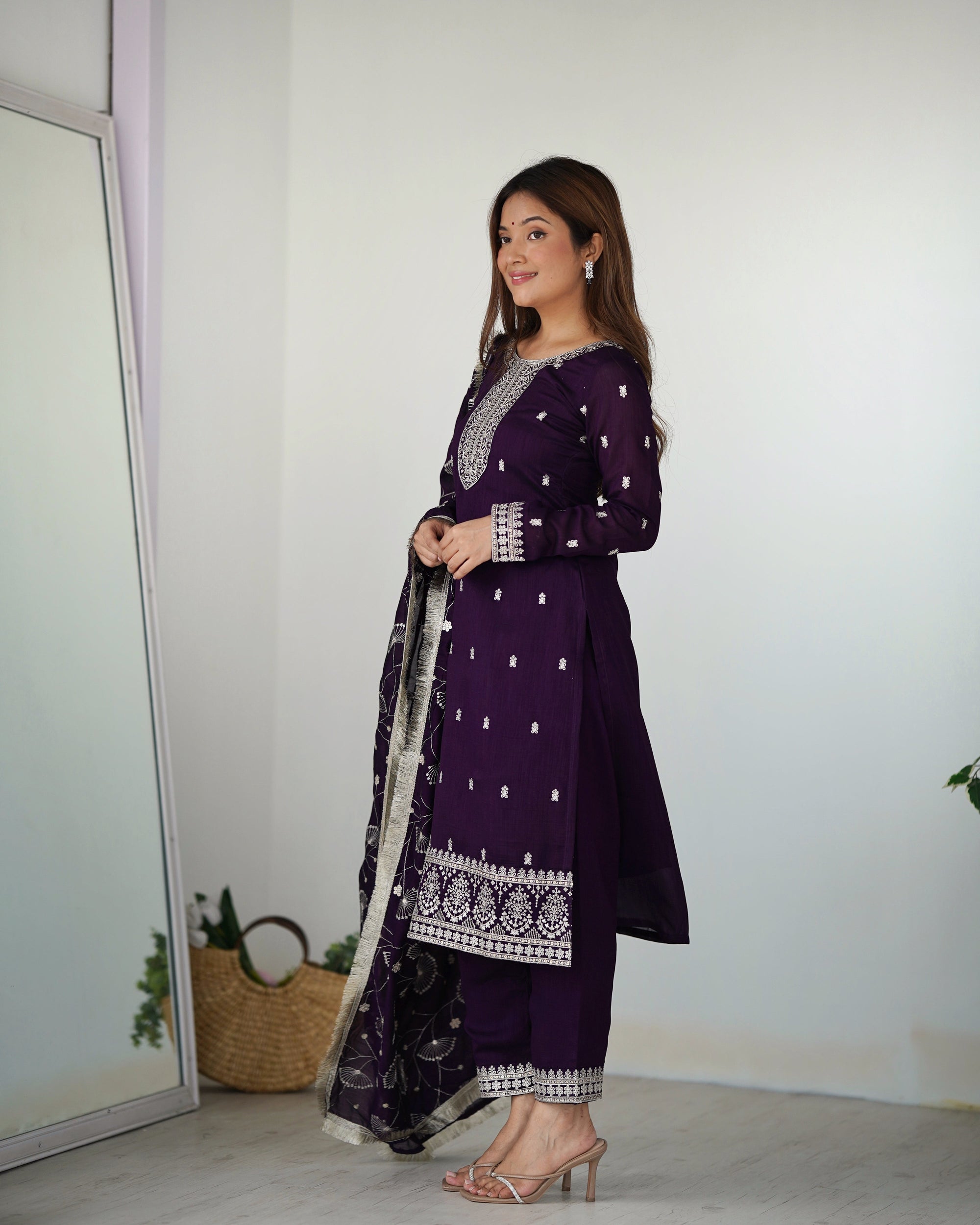 Purple New Beautiful Pure Bllooming Vichitra Silk Fabric Straight Fit Salwar Suiit