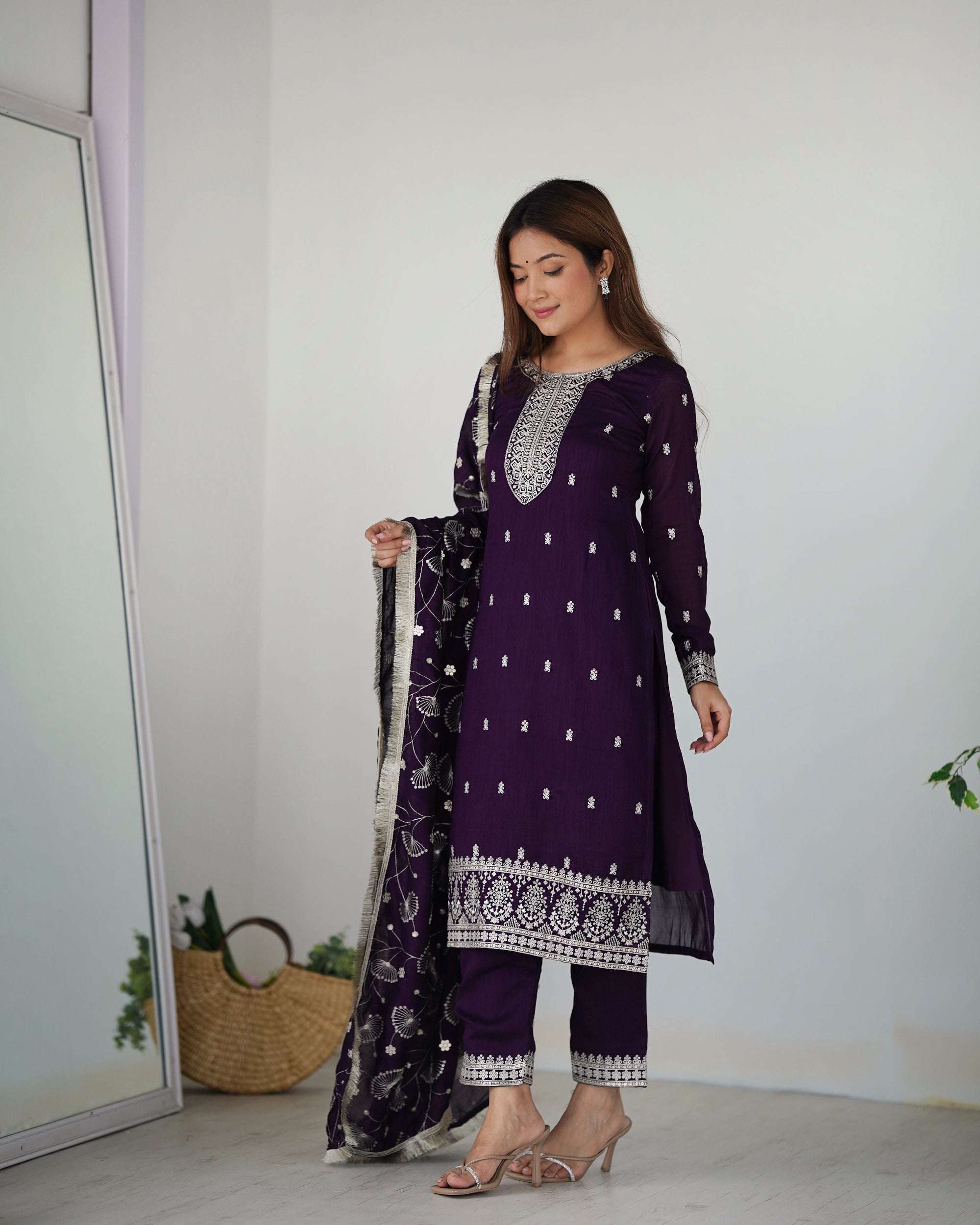 Purple New Beautiful Pure Bllooming Vichitra Silk Fabric Straight Fit Salwar Suiit