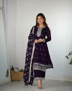Purple New Beautiful Pure Bllooming Vichitra Silk Fabric Straight Fit Salwar Suiit