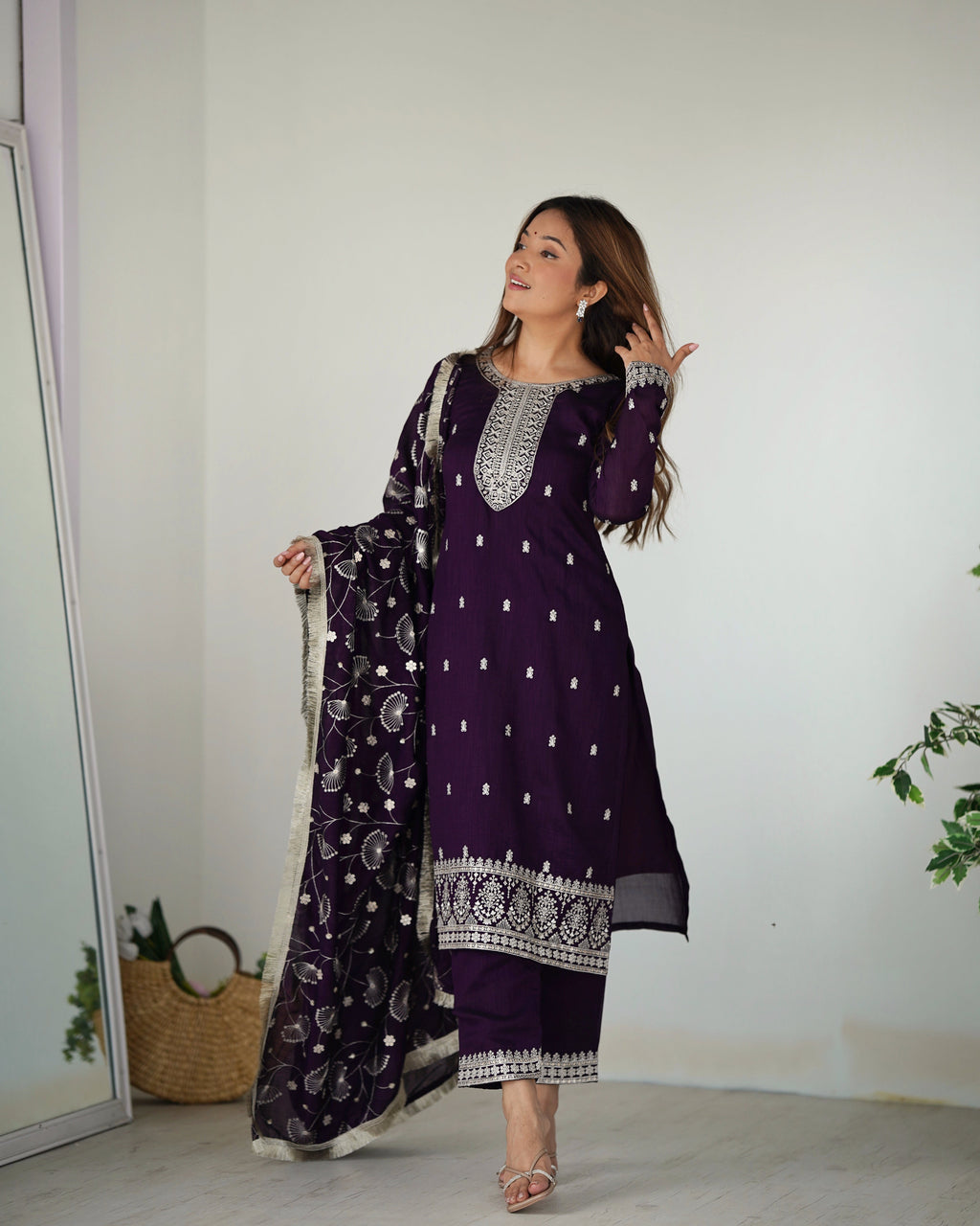 Purple New Beautiful Pure Bllooming Vichitra Silk Fabric Straight Fit Salwar Suiit