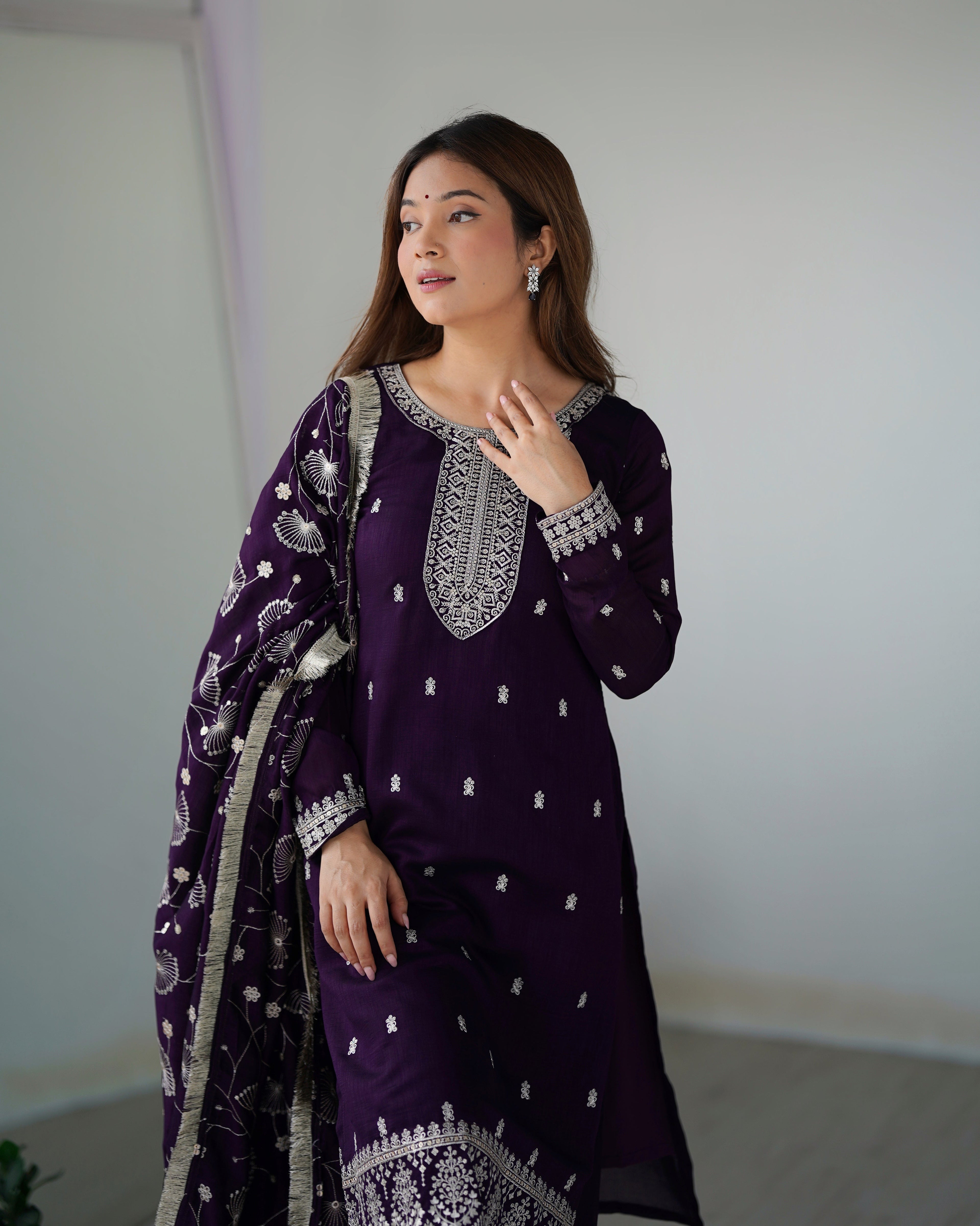Purple New Beautiful Pure Bllooming Vichitra Silk Fabric Straight Fit Salwar Suiit