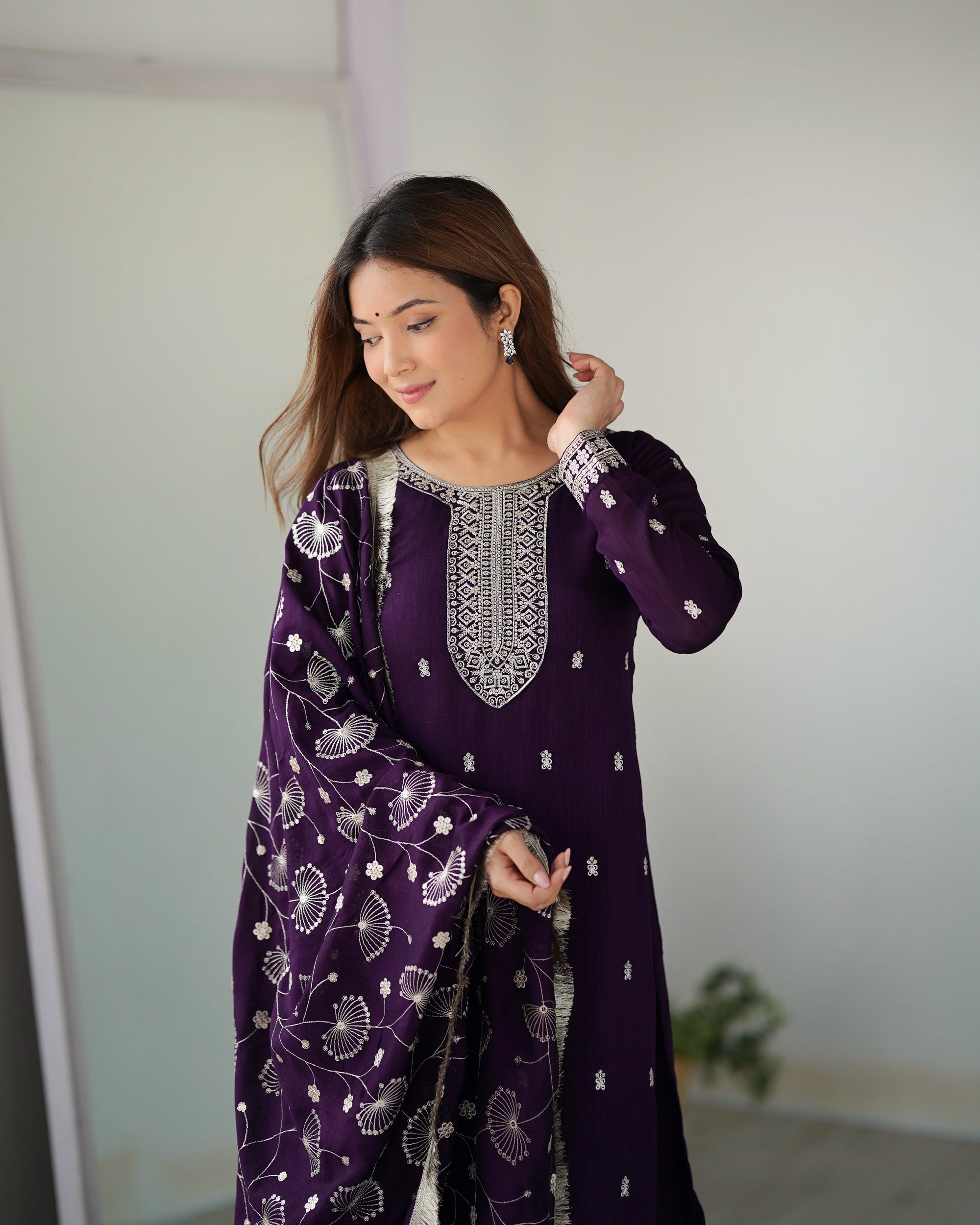 Purple New Beautiful Pure Bllooming Vichitra Silk Fabric Straight Fit Salwar Suiit