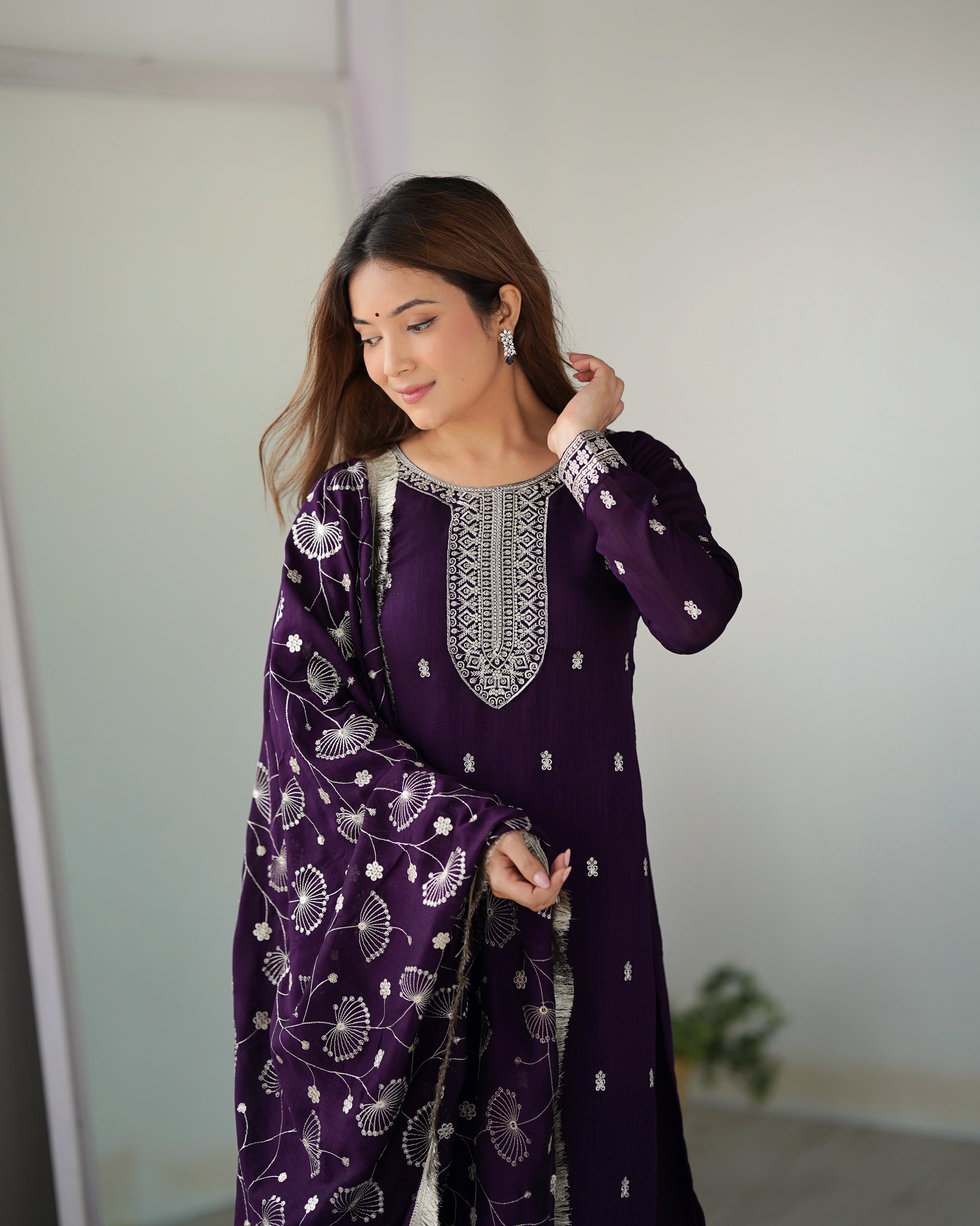 Purple New Beautiful Pure Bllooming Vichitra Silk Fabric Straight Fit Salwar Suiit