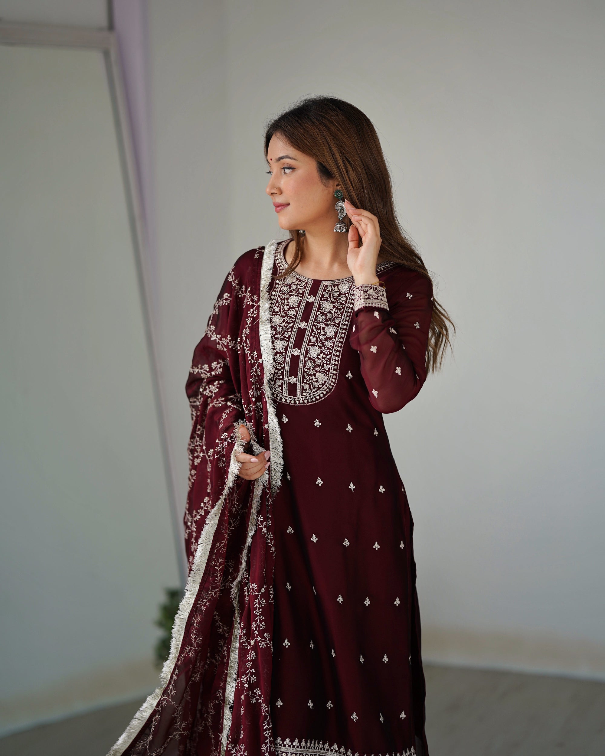 MAROON BEAUTIFUL PURE BLOOMING RANGOLI SILK FABRIC STRAIGHT FIT KURTA WITH DUPPTA SET (Copy)