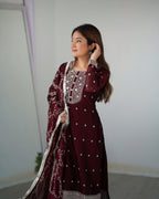 MAROON BEAUTIFUL PURE BLOOMING RANGOLI SILK FABRIC STRAIGHT FIT KURTA WITH DUPPTA SET (Copy)