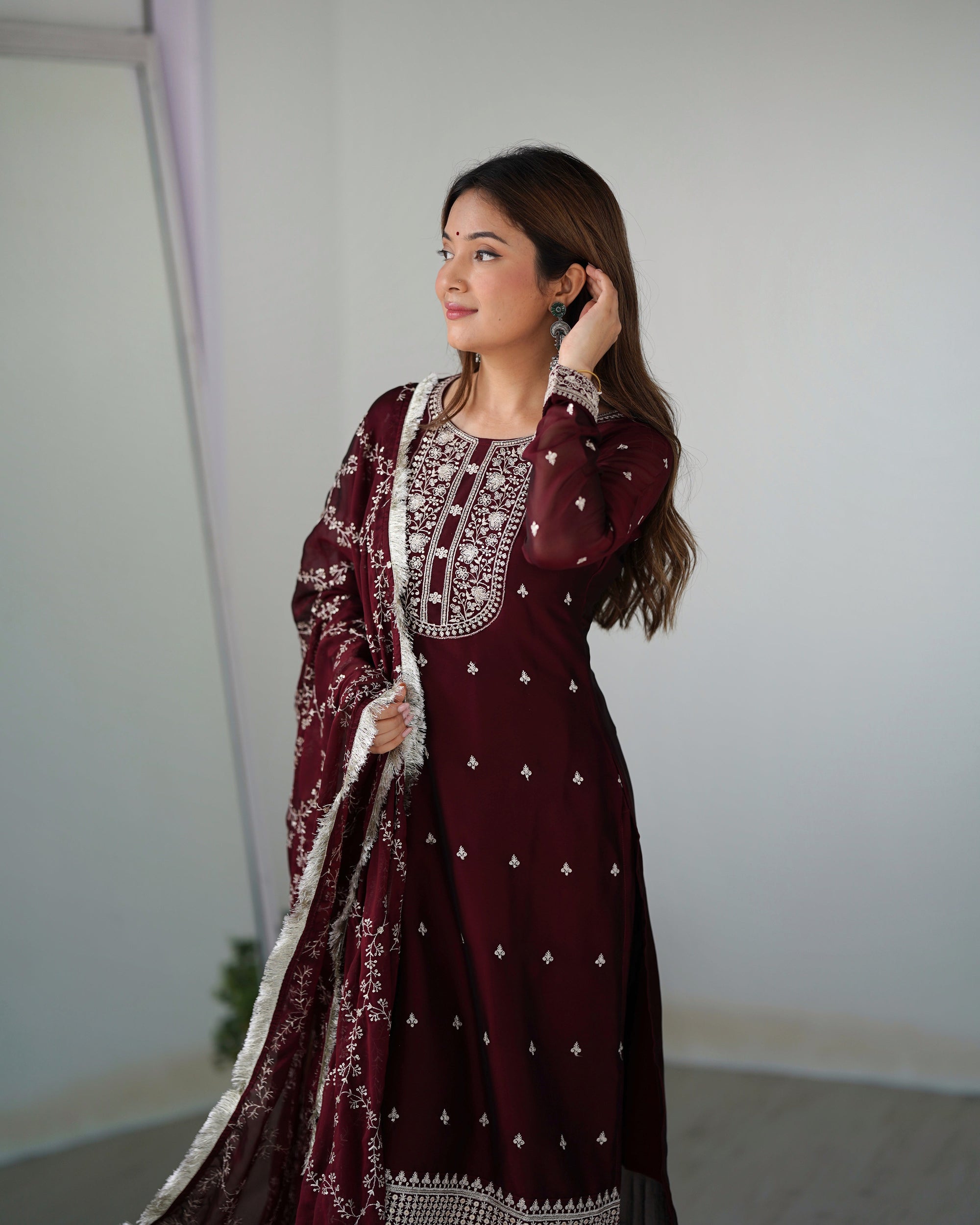 MAROON BEAUTIFUL PURE BLOOMING RANGOLI SILK FABRIC STRAIGHT FIT KURTA WITH DUPPTA SET (Copy)