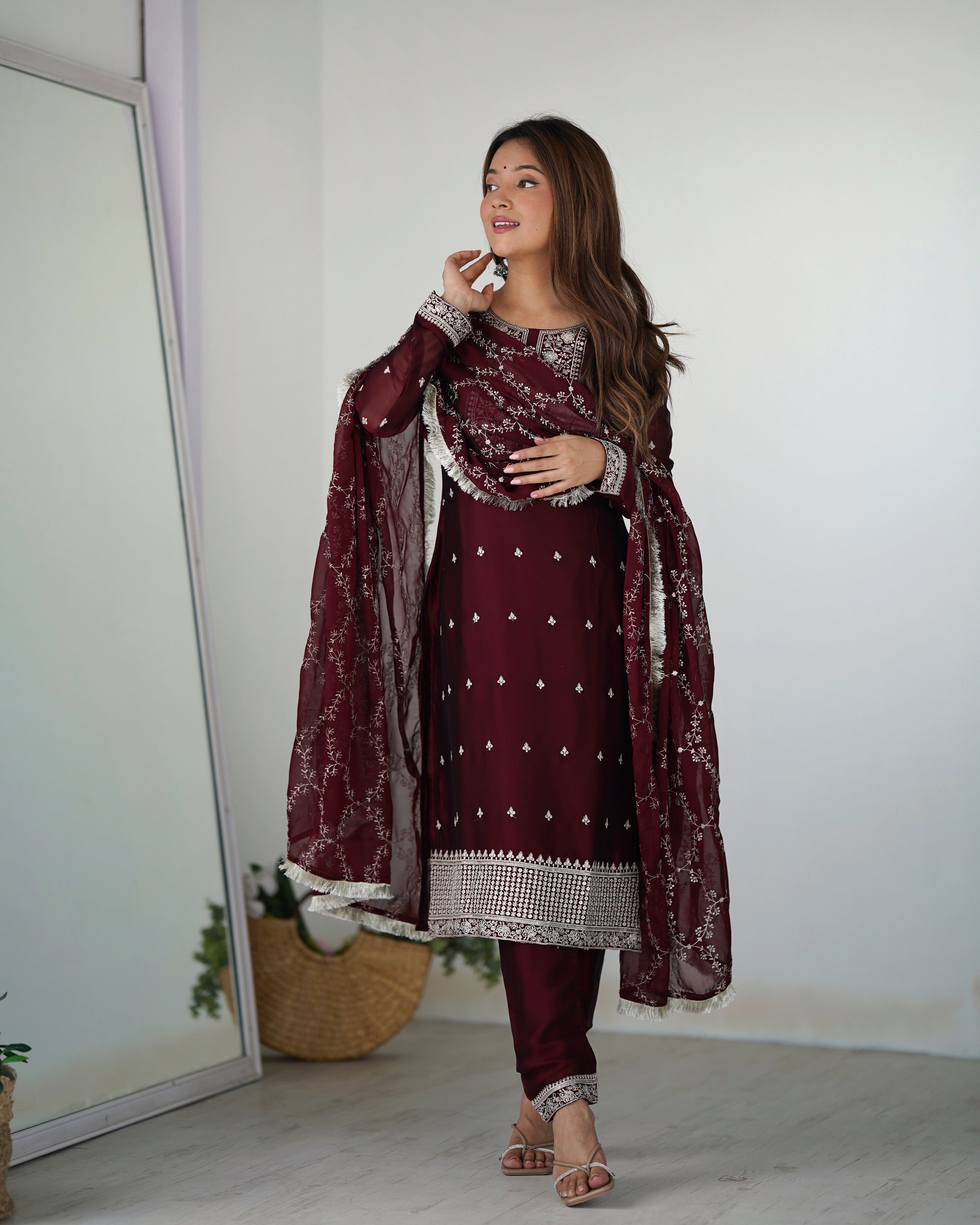 MAROON BEAUTIFUL PURE BLOOMING RANGOLI SILK FABRIC STRAIGHT FIT KURTA WITH DUPPTA SET (Copy)