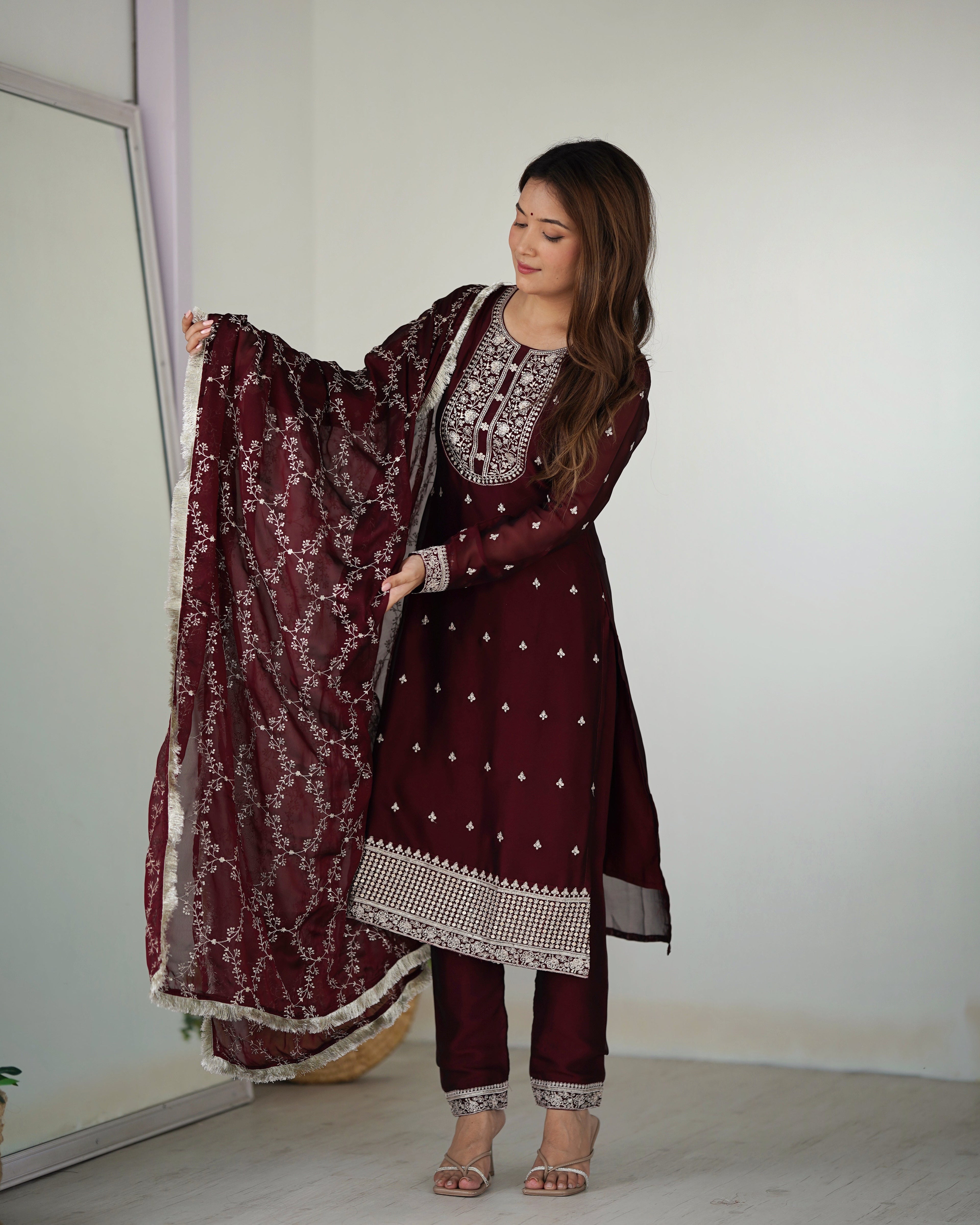 MAROON BEAUTIFUL PURE BLOOMING RANGOLI SILK FABRIC STRAIGHT FIT KURTA WITH DUPPTA SET (Copy)