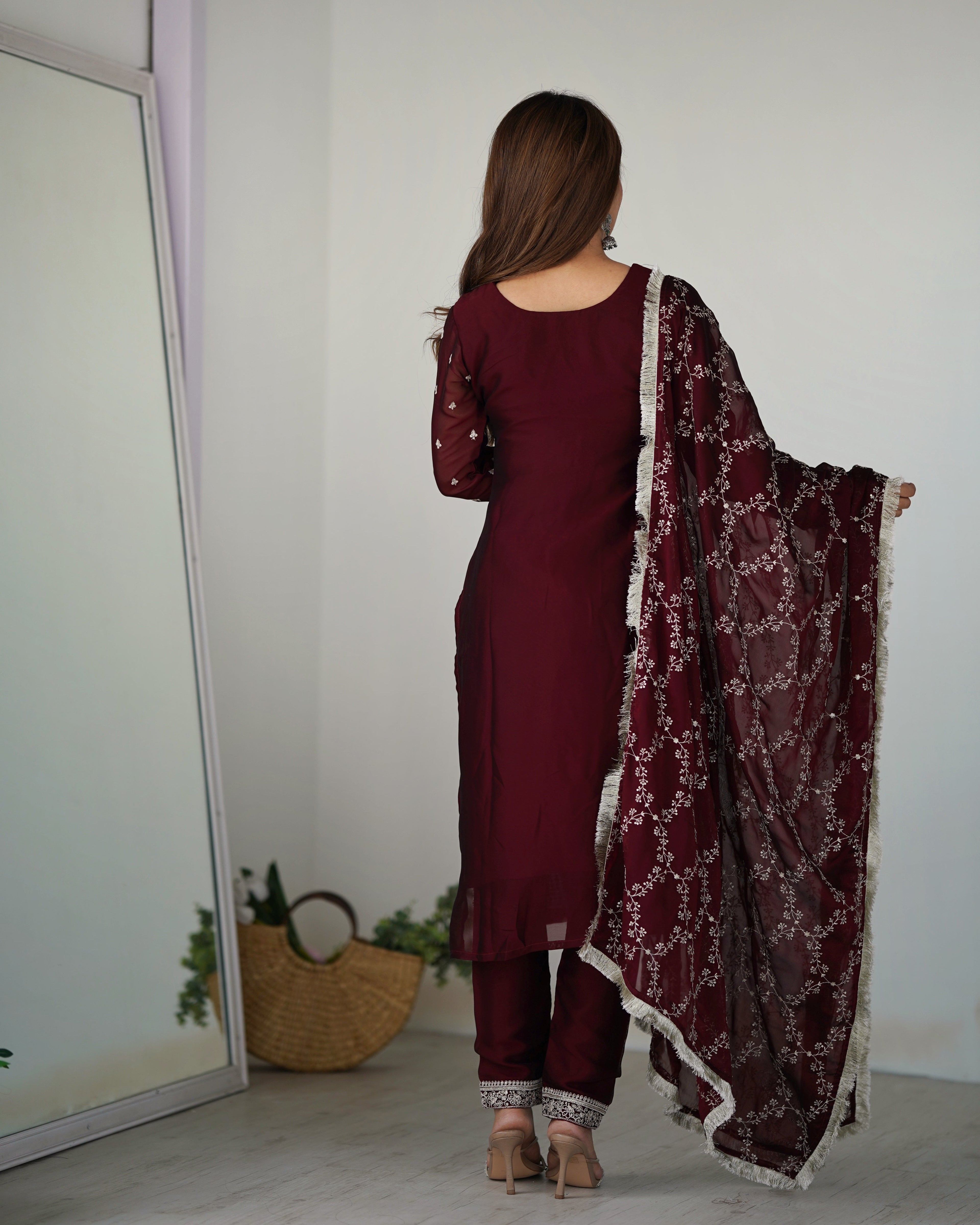MAROON BEAUTIFUL PURE BLOOMING RANGOLI SILK FABRIC STRAIGHT FIT KURTA WITH DUPPTA SET (Copy)