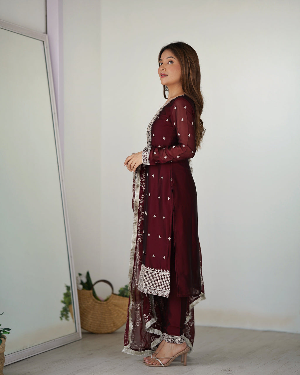 MAROON BEAUTIFUL PURE BLOOMING RANGOLI SILK FABRIC STRAIGHT FIT KURTA WITH DUPPTA SET (Copy)