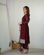 MAROON BEAUTIFUL PURE BLOOMING RANGOLI SILK FABRIC STRAIGHT FIT KURTA WITH DUPPTA SET (Copy)