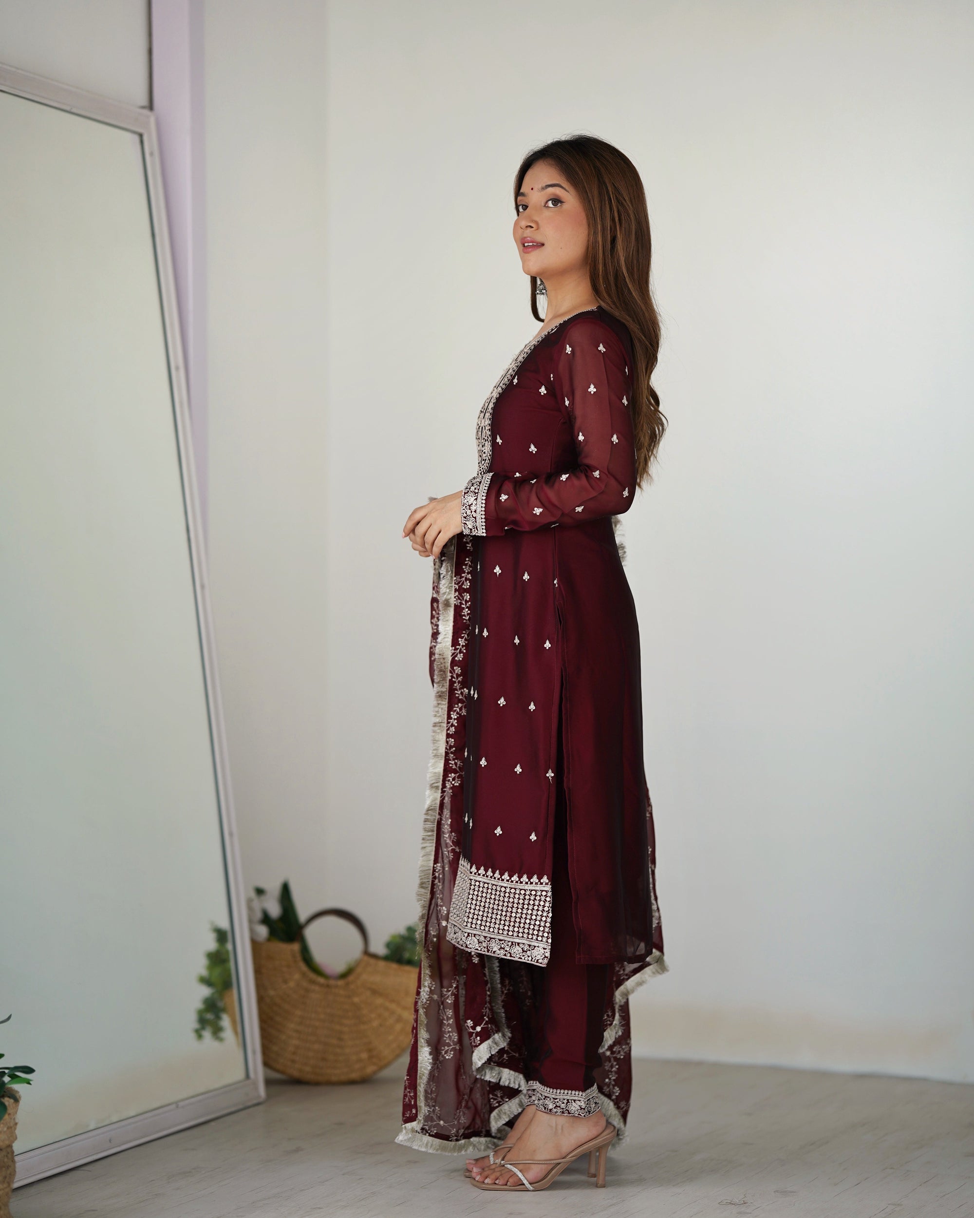 MAROON BEAUTIFUL PURE BLOOMING RANGOLI SILK FABRIC STRAIGHT FIT KURTA WITH DUPPTA SET (Copy)