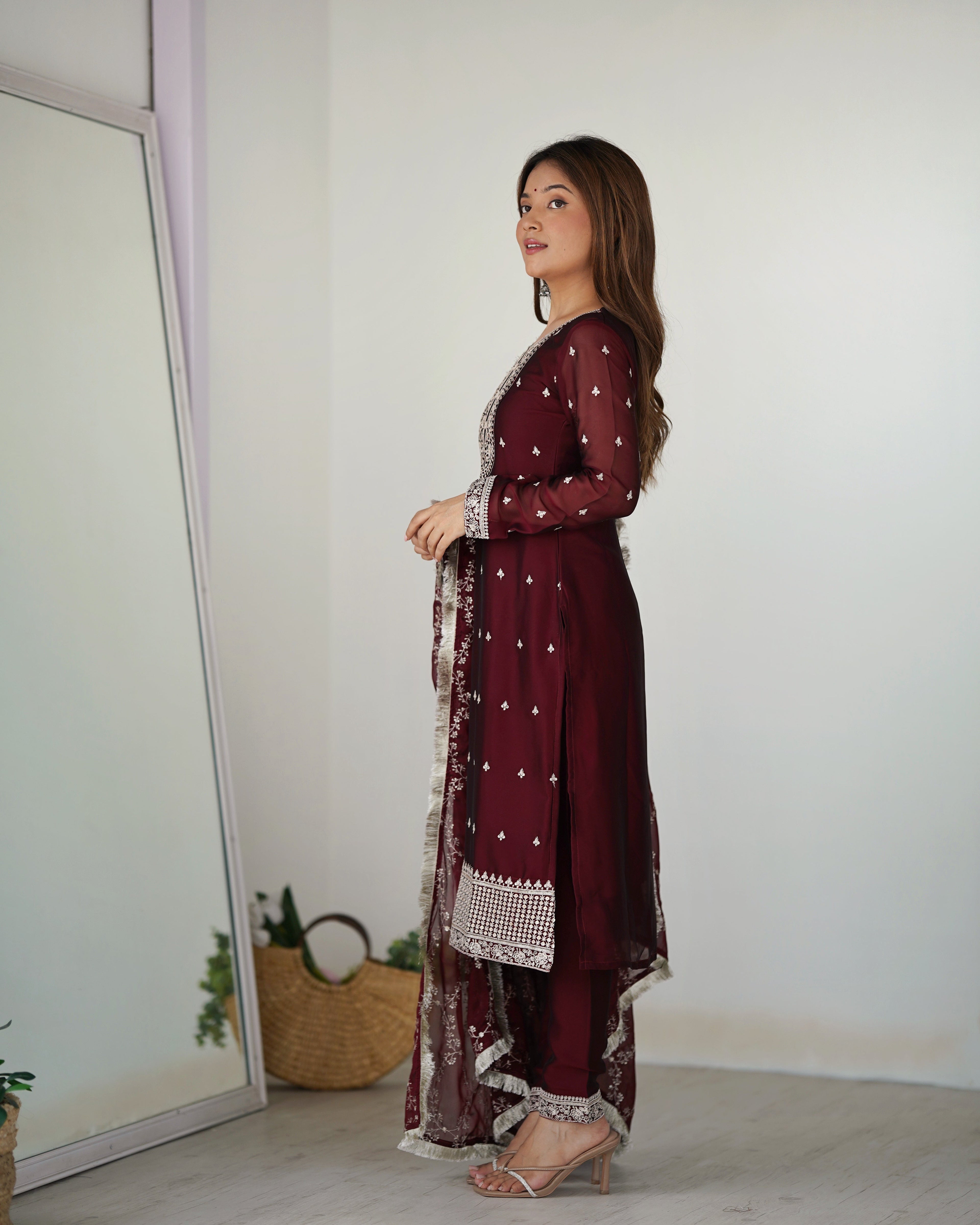 MAROON BEAUTIFUL PURE BLOOMING RANGOLI SILK FABRIC STRAIGHT FIT KURTA WITH DUPPTA SET (Copy)
