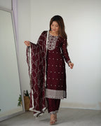 MAROON BEAUTIFUL PURE BLOOMING RANGOLI SILK FABRIC STRAIGHT FIT KURTA WITH DUPPTA SET (Copy)