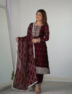 MAROON BEAUTIFUL PURE BLOOMING RANGOLI SILK FABRIC STRAIGHT FIT KURTA WITH DUPPTA SET (Copy)