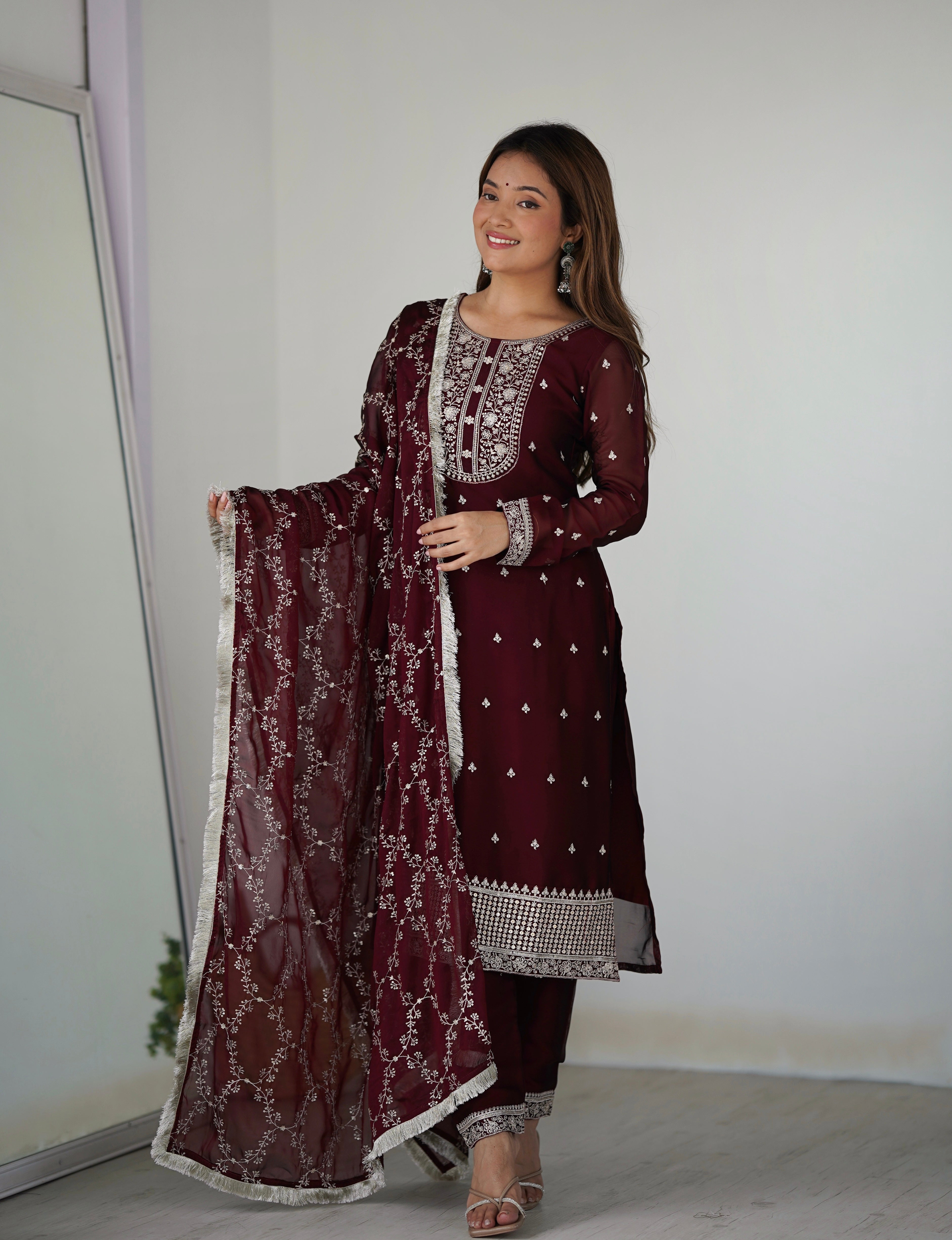 MAROON BEAUTIFUL PURE BLOOMING RANGOLI SILK FABRIC STRAIGHT FIT KURTA WITH DUPPTA SET (Copy)