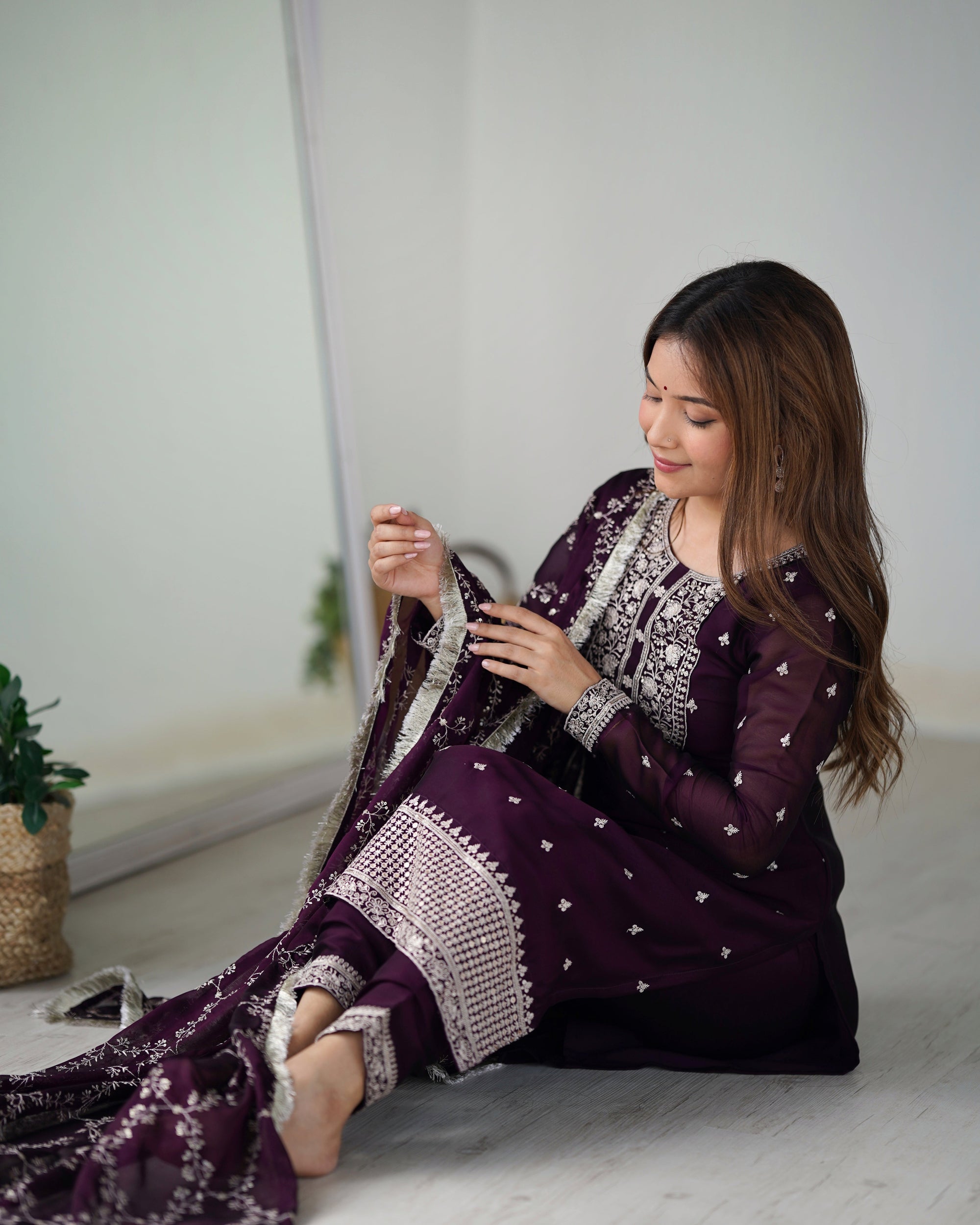 WINE BEAUTIFUL PURE BLOOMING RANGOLI SILK FABRIC STRAIGHT FIT KURTA WITH DUPPTA SET