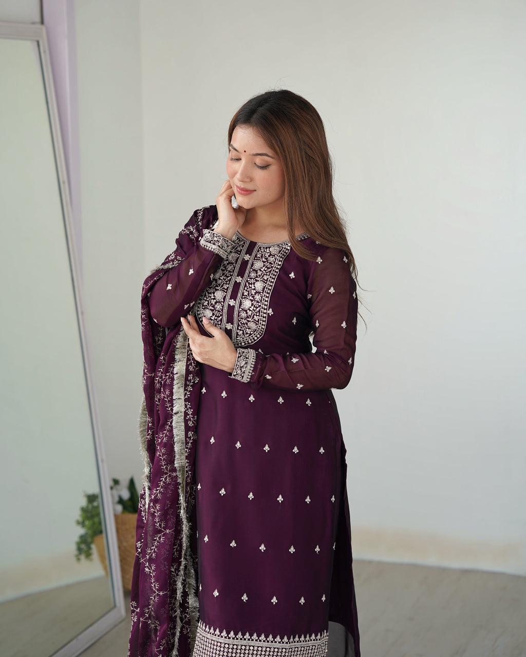 WINE BEAUTIFUL PURE BLOOMING RANGOLI SILK FABRIC STRAIGHT FIT KURTA WITH DUPPTA SET