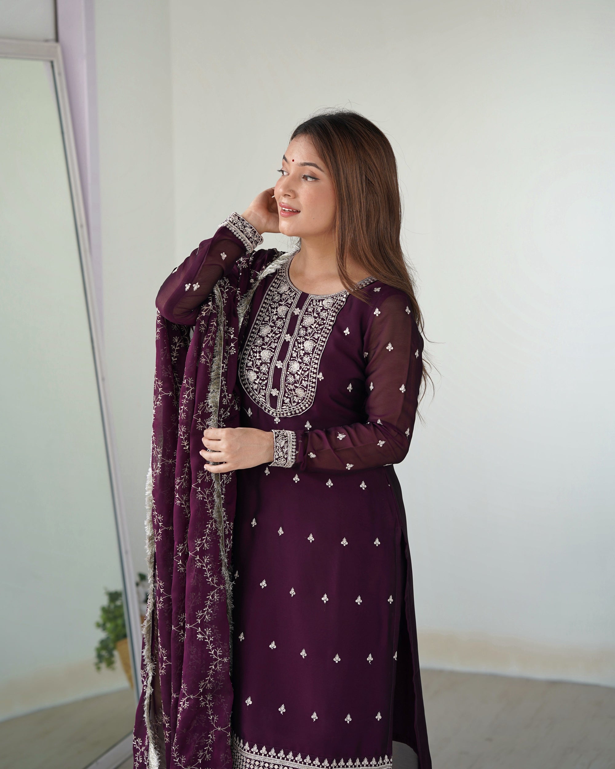 WINE BEAUTIFUL PURE BLOOMING RANGOLI SILK FABRIC STRAIGHT FIT KURTA WITH DUPPTA SET