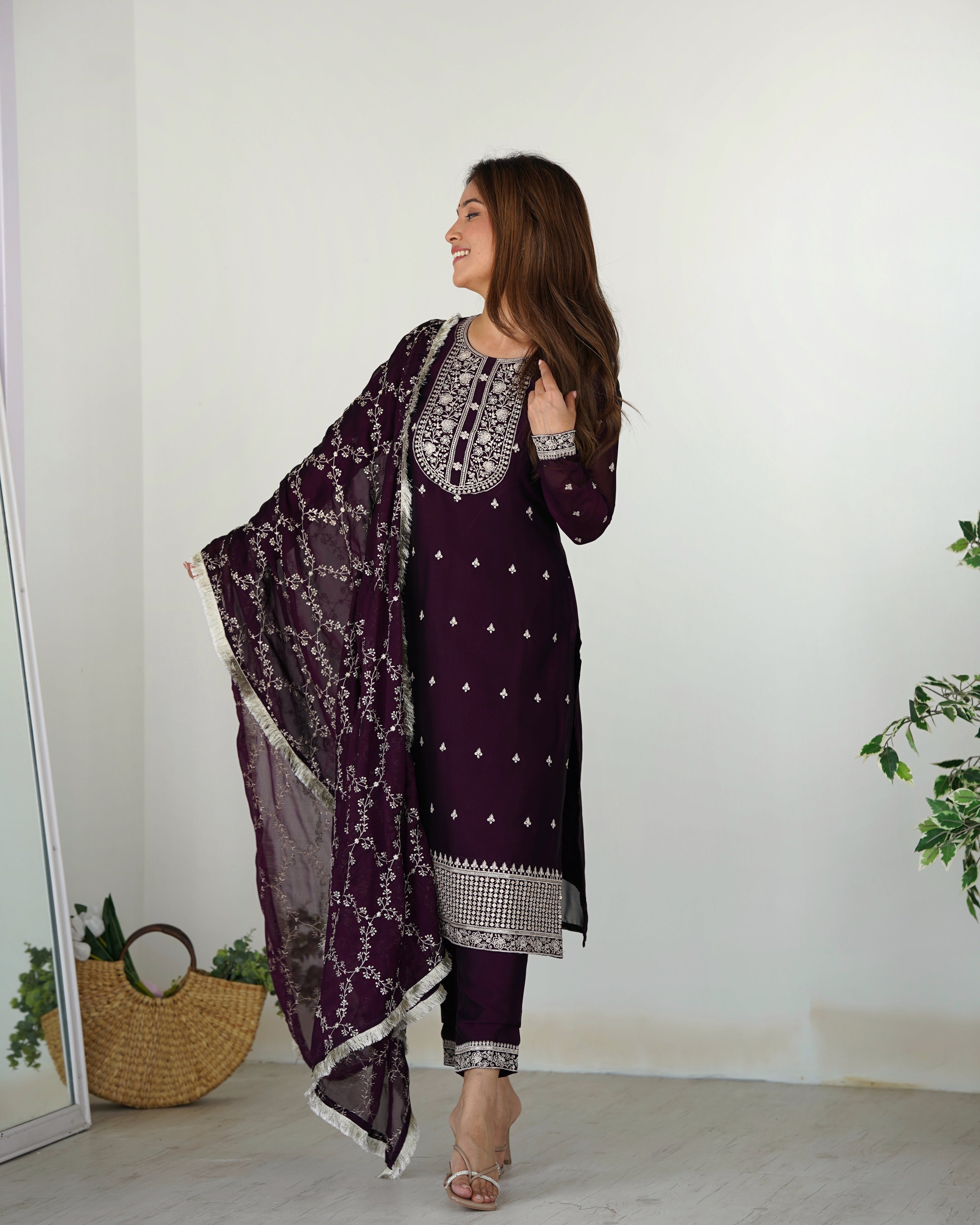 WINE BEAUTIFUL PURE BLOOMING RANGOLI SILK FABRIC STRAIGHT FIT KURTA WITH DUPPTA SET