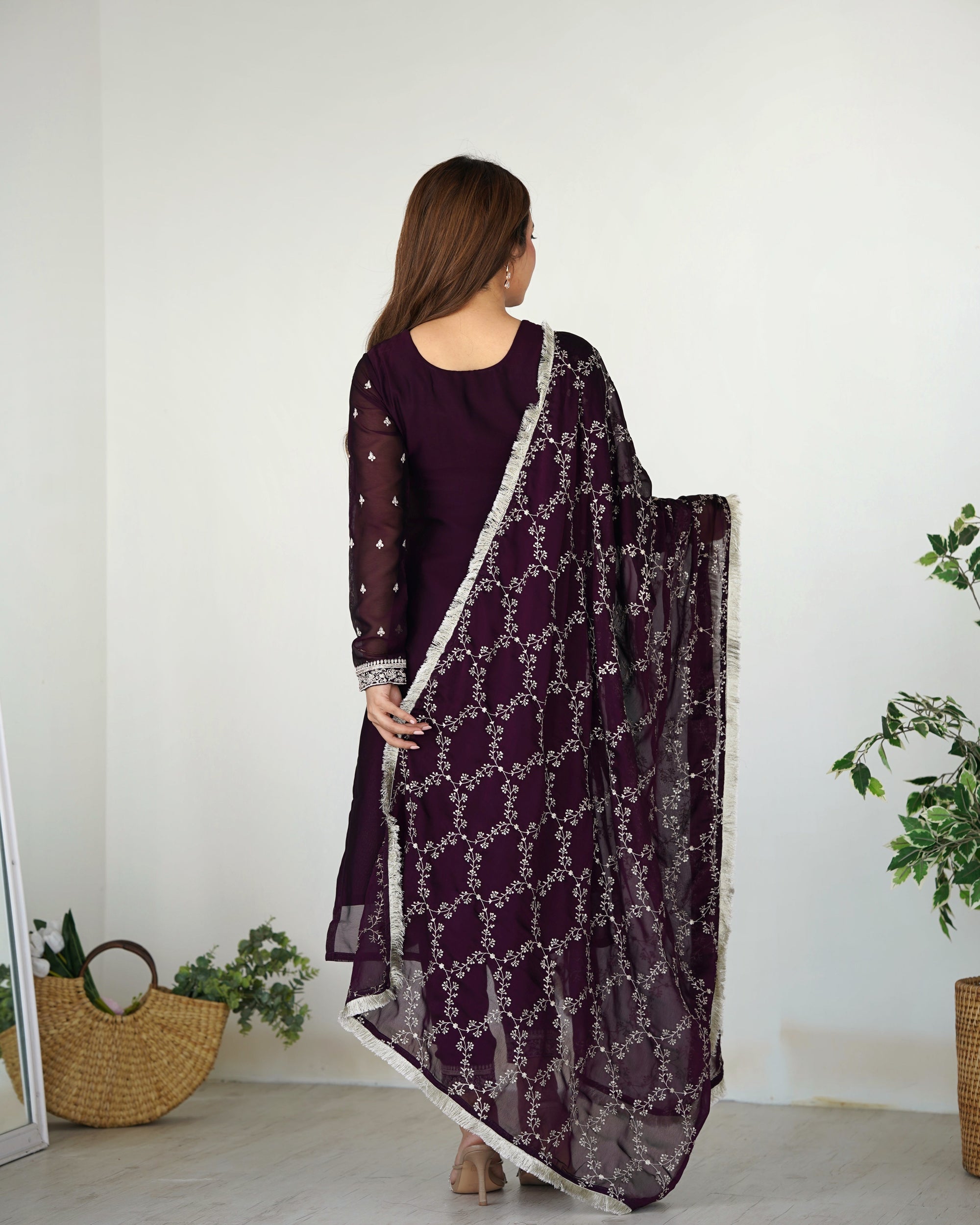 WINE BEAUTIFUL PURE BLOOMING RANGOLI SILK FABRIC STRAIGHT FIT KURTA WITH DUPPTA SET