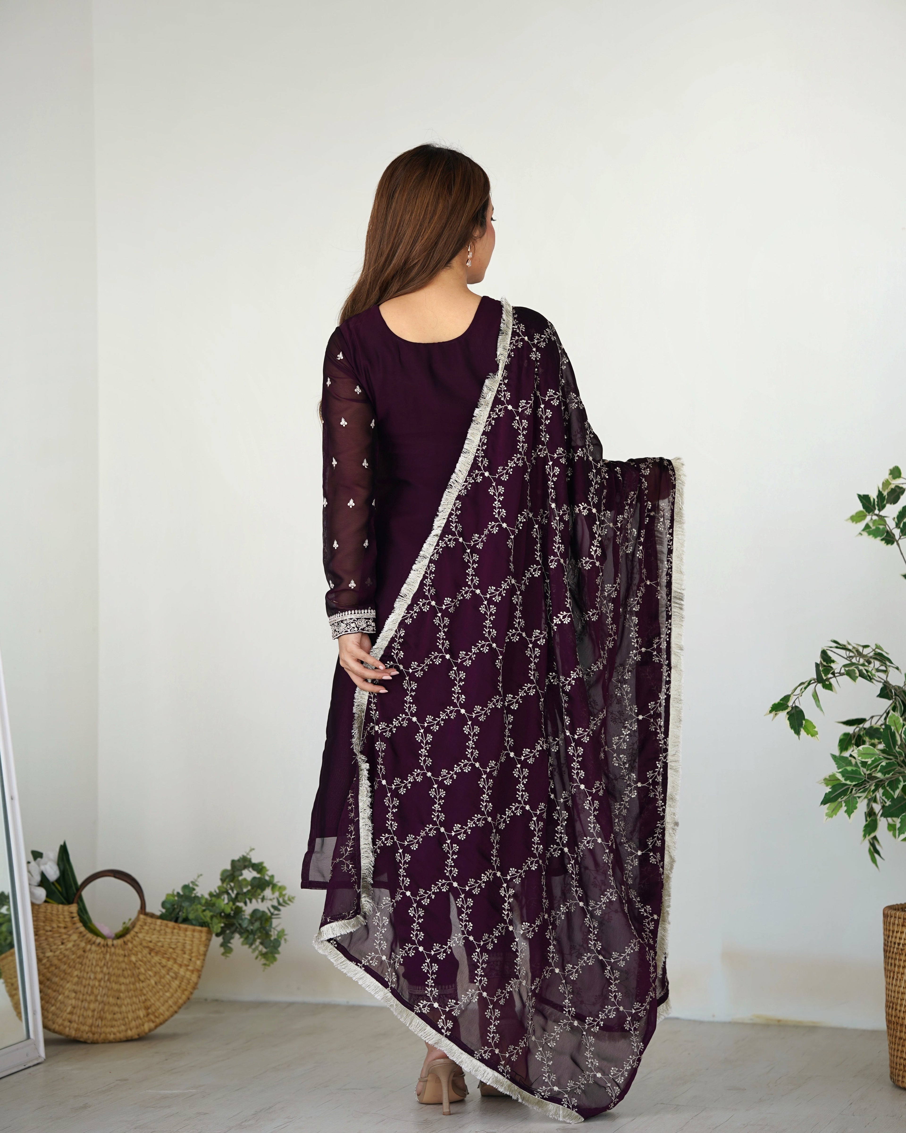 WINE BEAUTIFUL PURE BLOOMING RANGOLI SILK FABRIC STRAIGHT FIT KURTA WITH DUPPTA SET