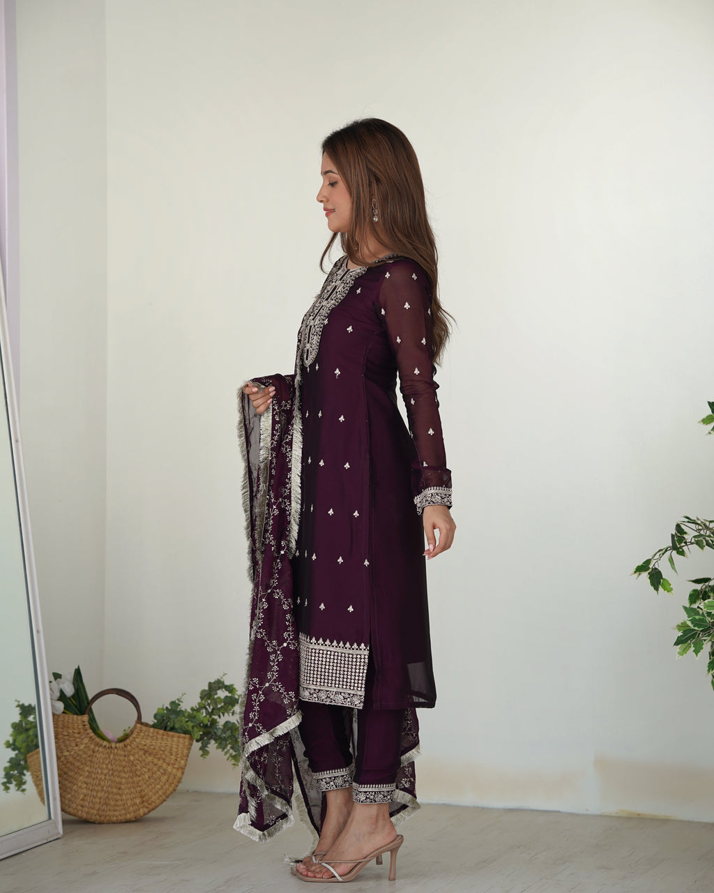 WINE BEAUTIFUL PURE BLOOMING RANGOLI SILK FABRIC STRAIGHT FIT KURTA WITH DUPPTA SET