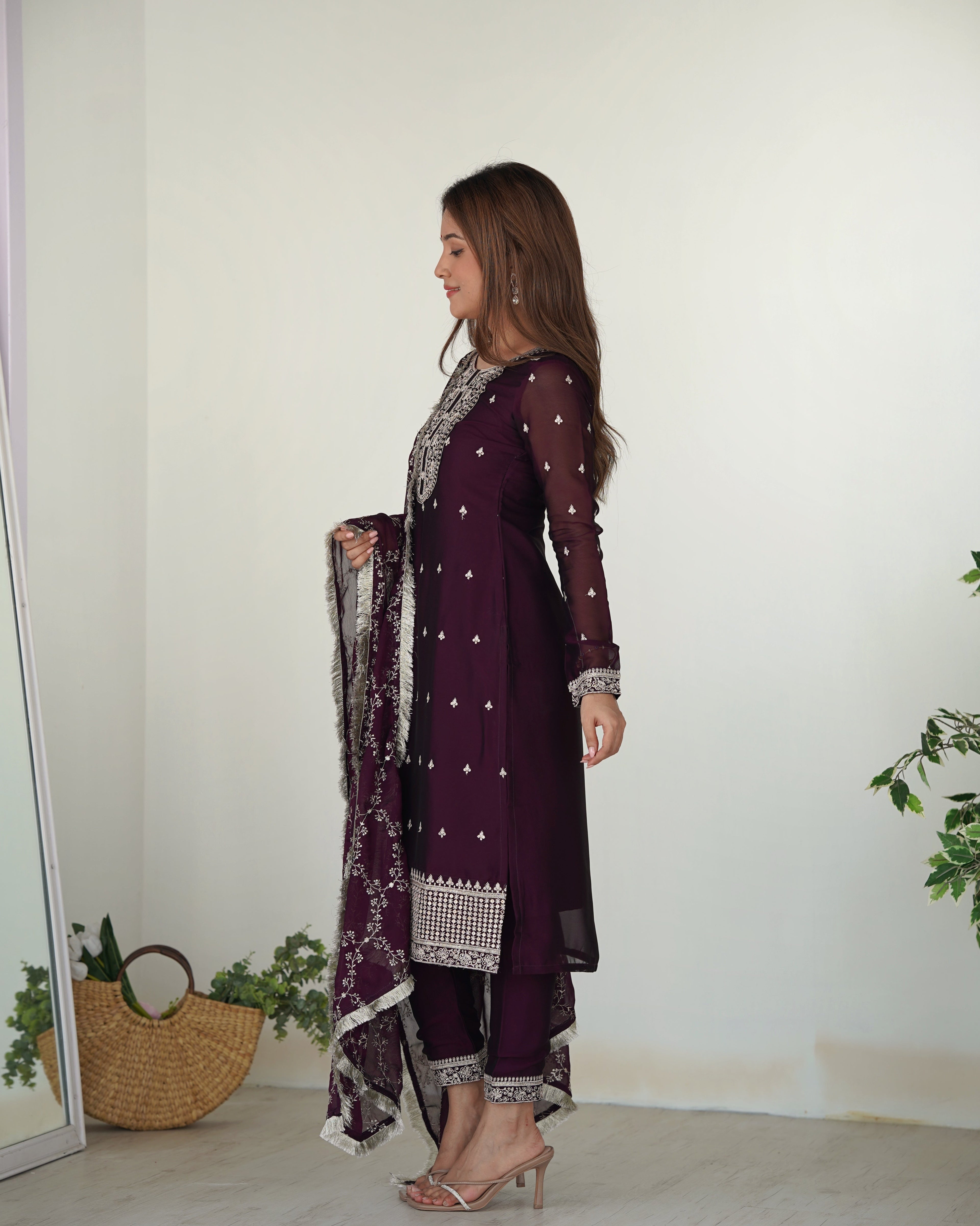 WINE BEAUTIFUL PURE BLOOMING RANGOLI SILK FABRIC STRAIGHT FIT KURTA WITH DUPPTA SET