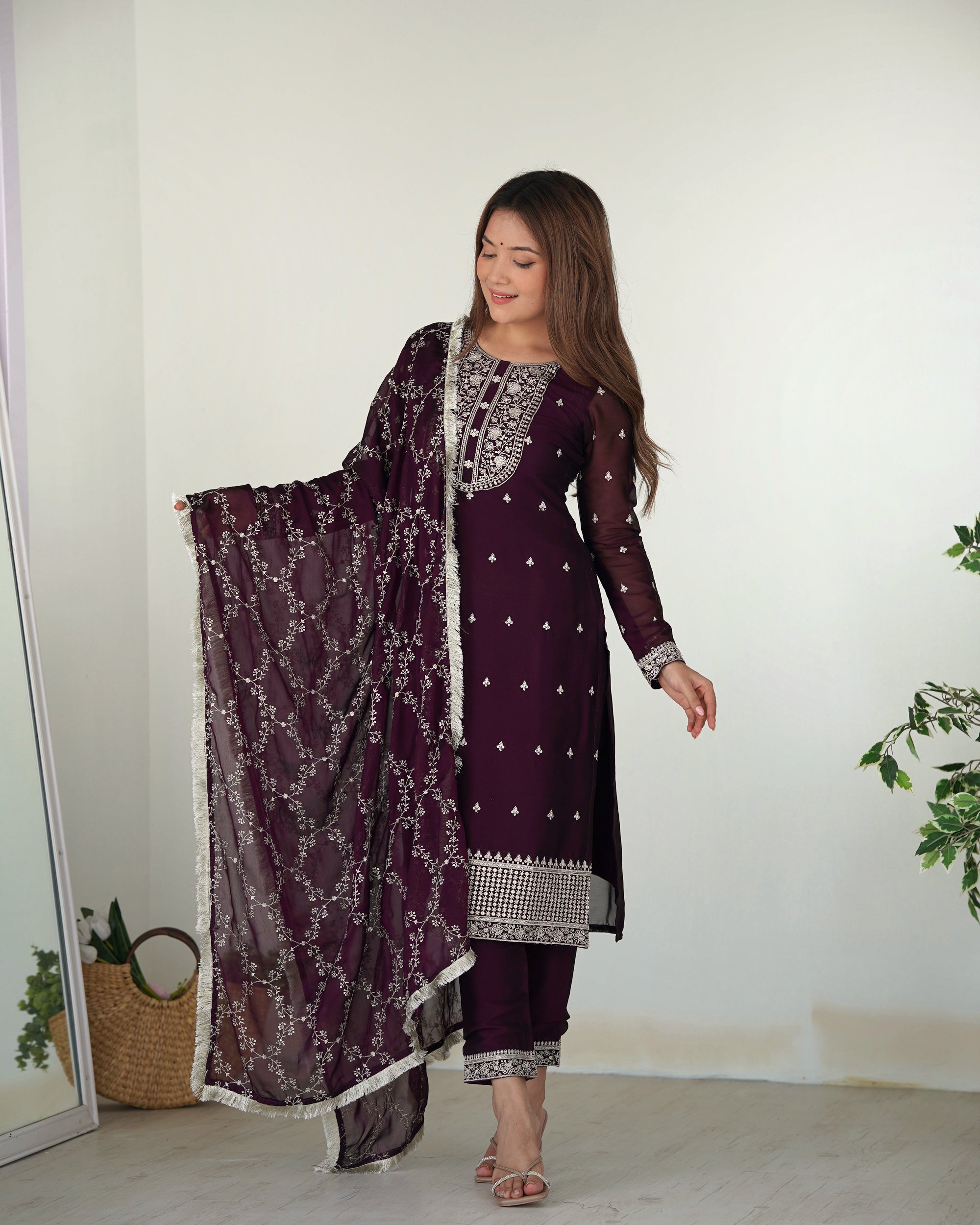 WINE BEAUTIFUL PURE BLOOMING RANGOLI SILK FABRIC STRAIGHT FIT KURTA WITH DUPPTA SET